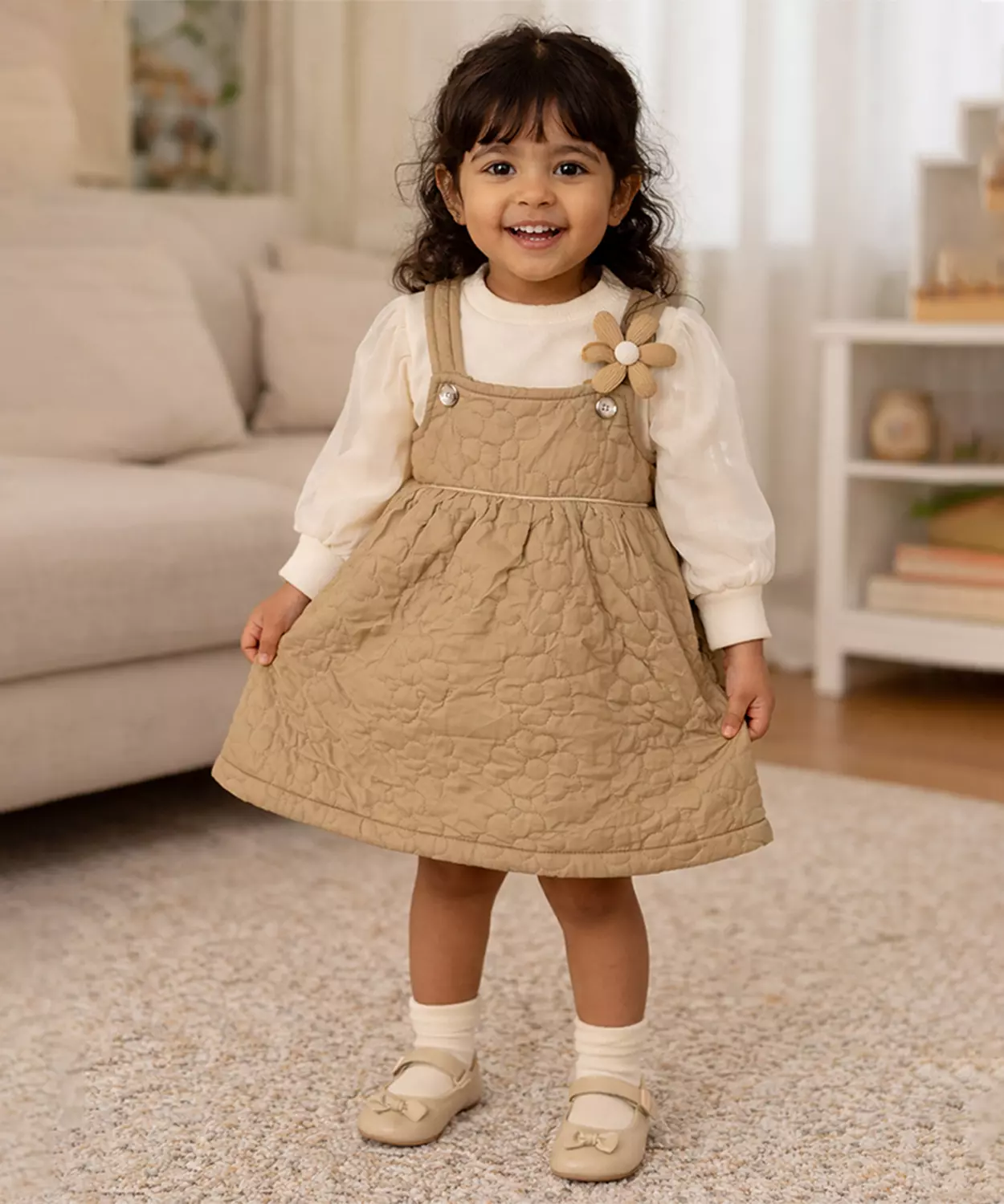 Beige Quilted Pinafore Dress With Inner Top For Girls