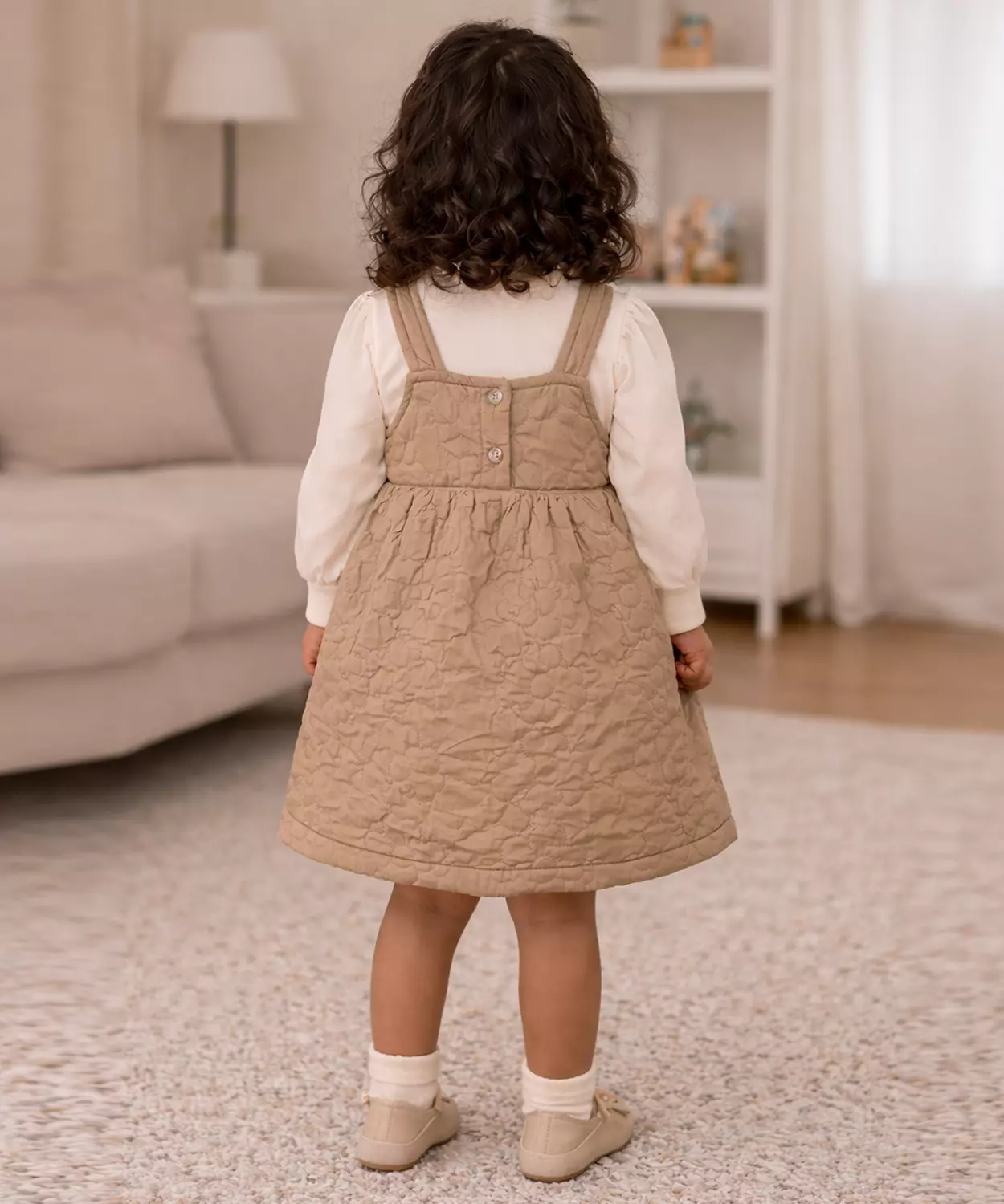 Beige Quilted Pinafore Dress With Inner Top For Girls