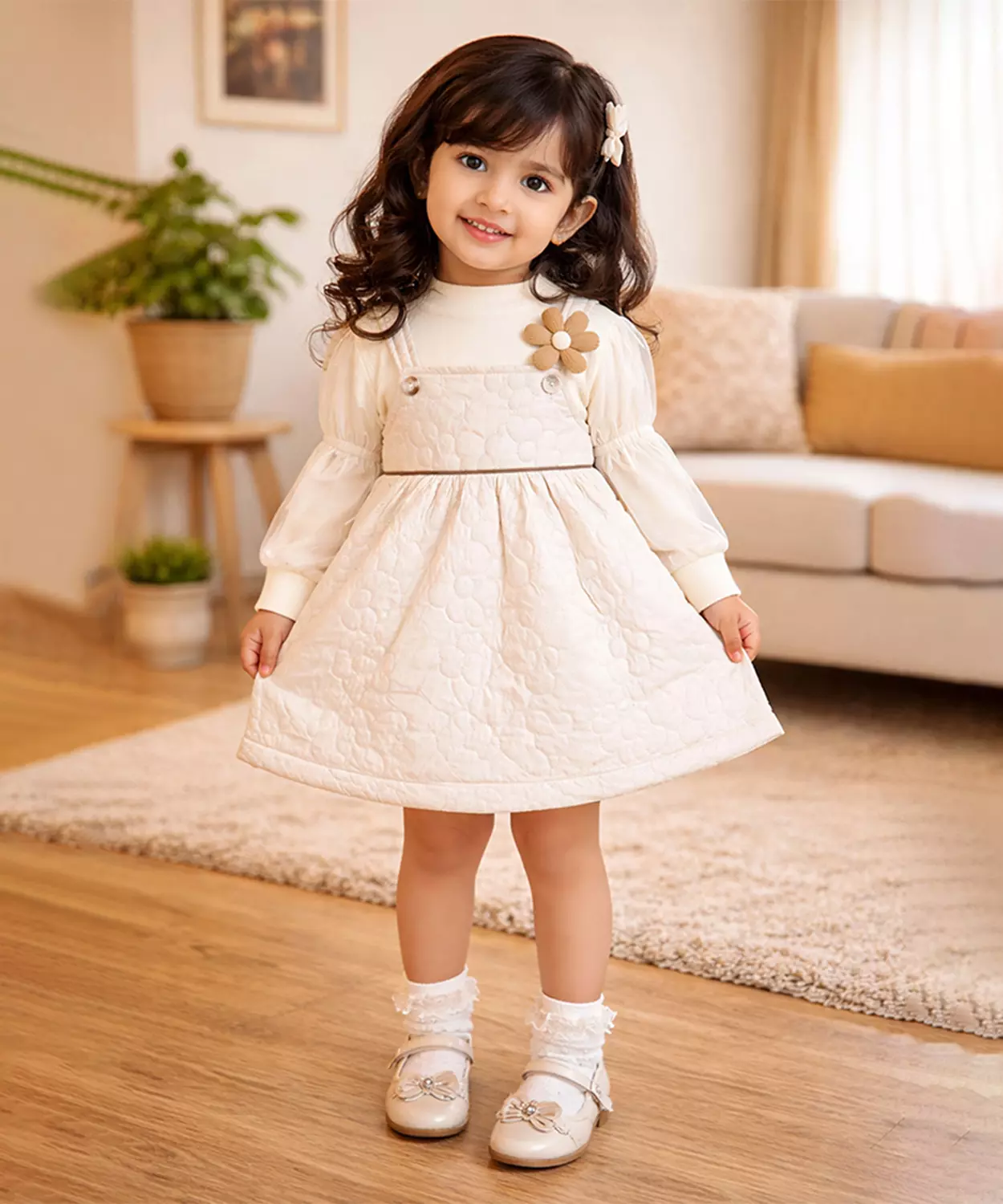 Cream Quilted Pinafore Dress With Inner Top For Girls