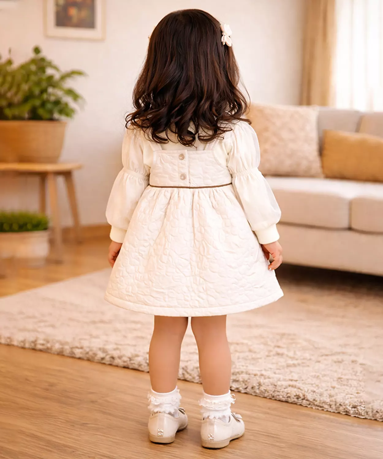 Cream Quilted Pinafore Dress With Inner Top For Girls