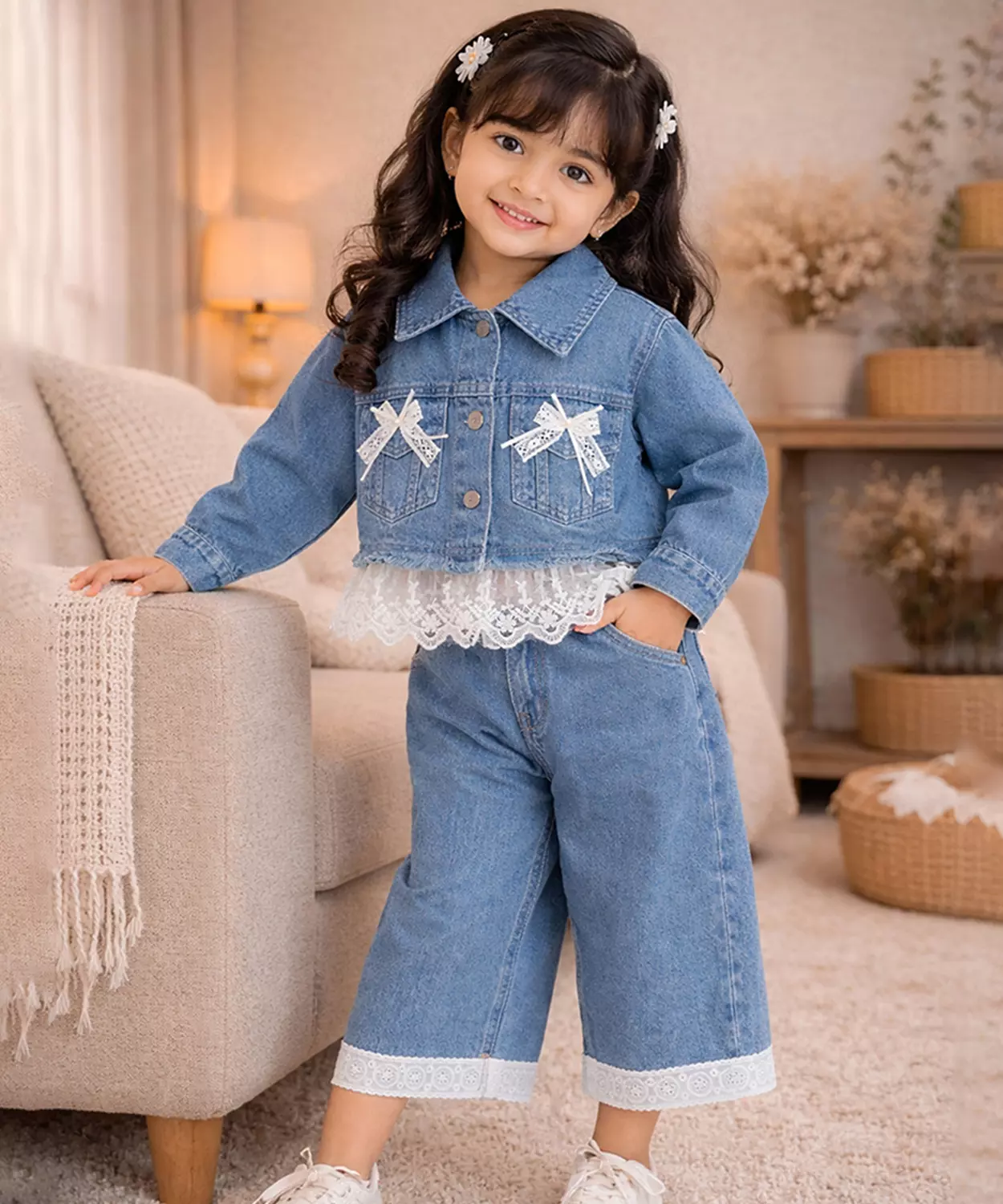 Frills & Bows Denim Jacket With Pants Co-Ord Set For Girls