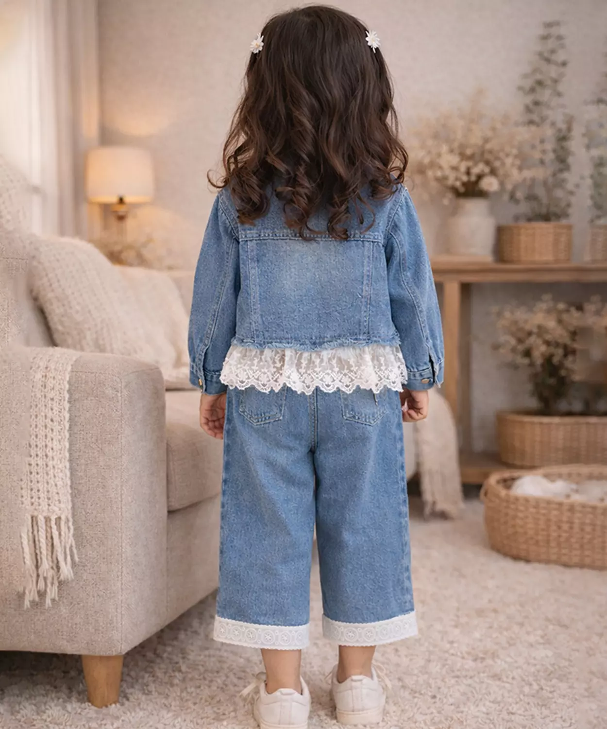 Frills & Bows Denim Jacket With Pants Co-Ord Set For Girls