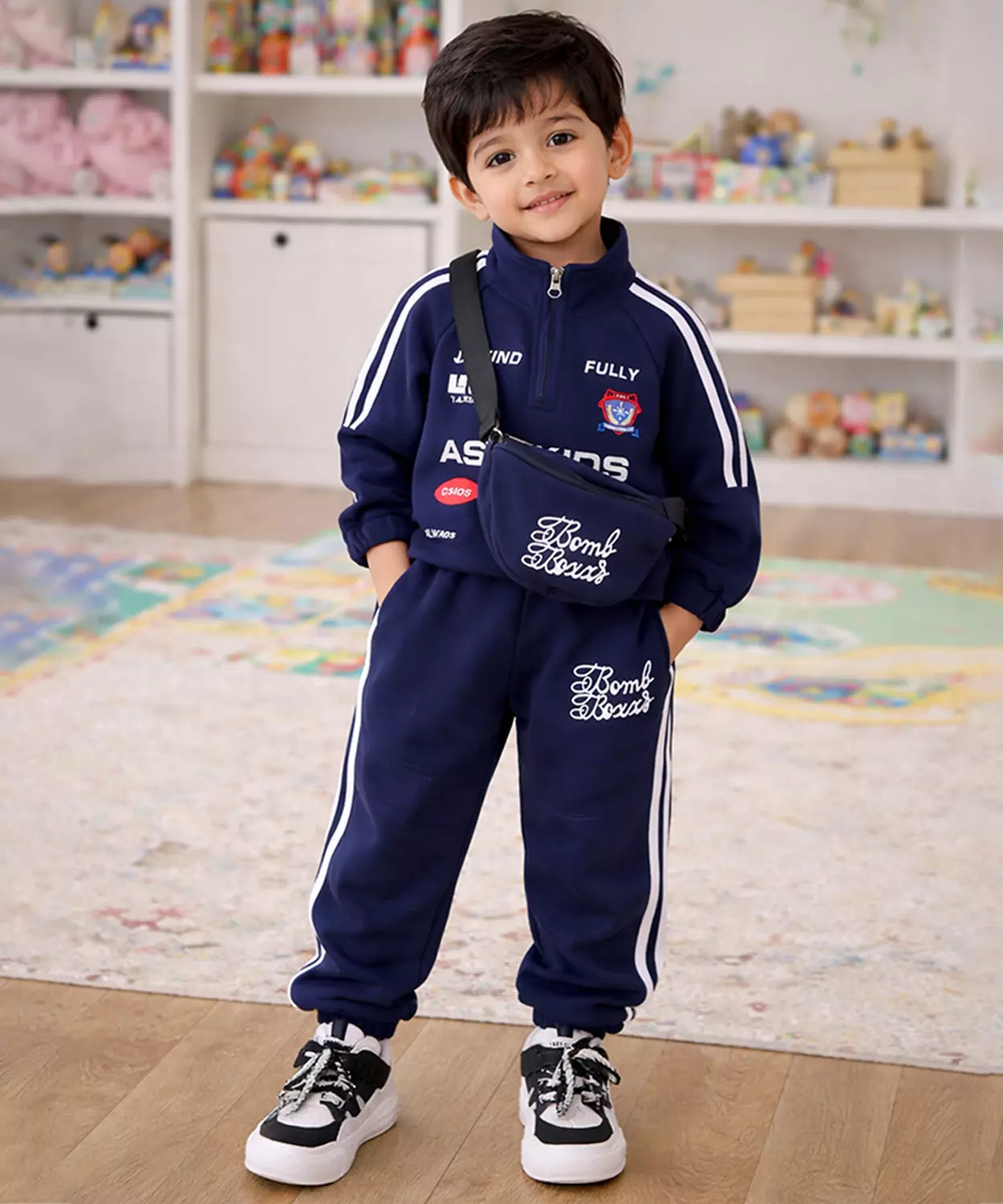 Sporty Navy Tracksuit Set With Matching Sling Bag