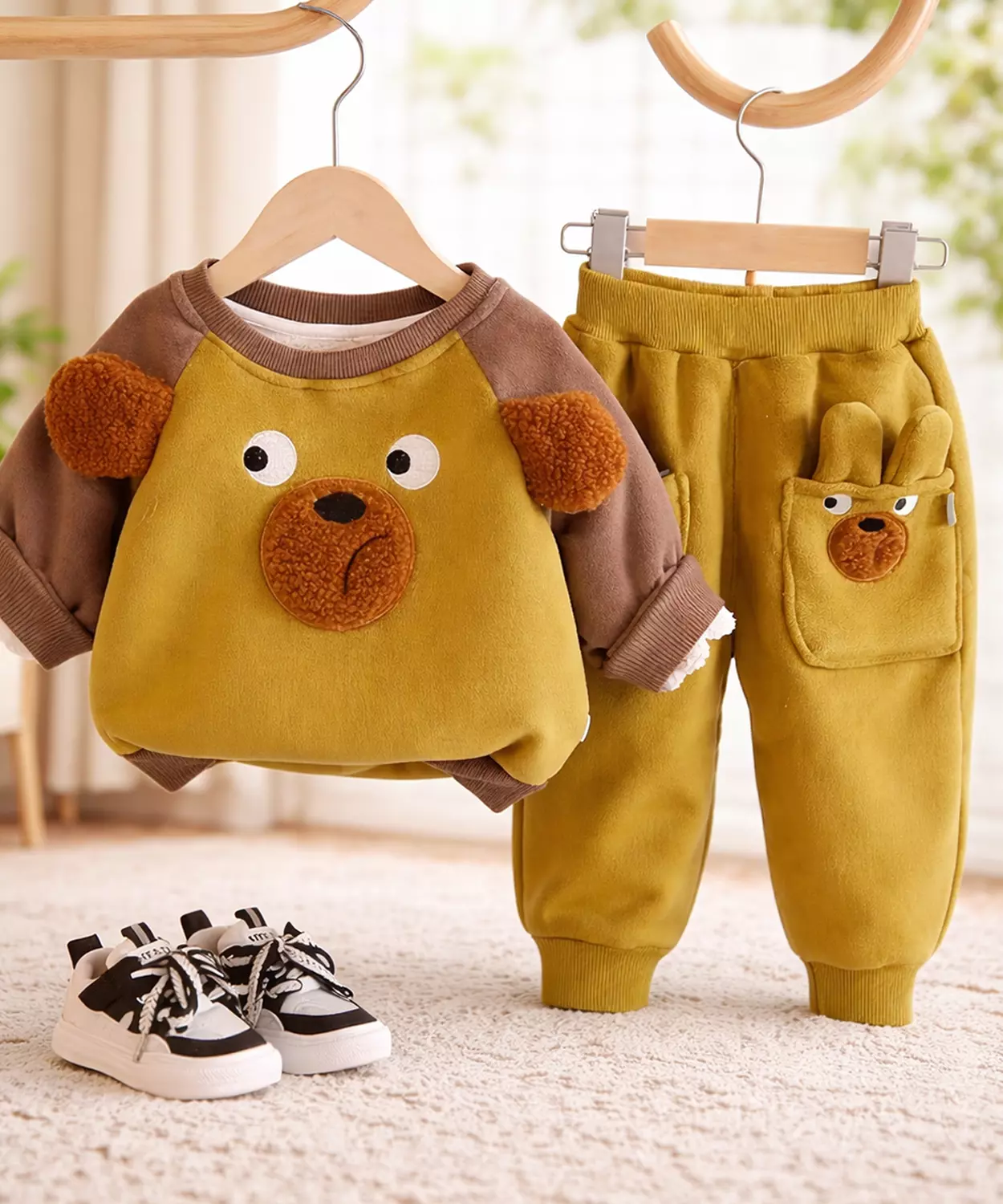 Olive Bear 3D Ears 2pcs sherpa Winter Tracksuit Set
