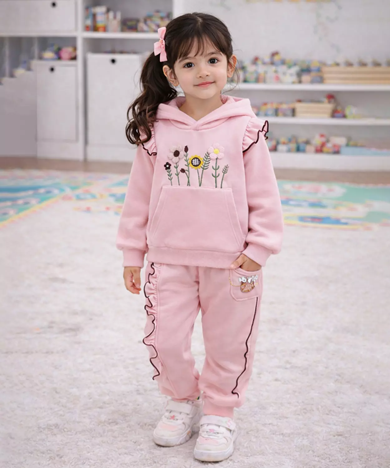Pink Crochet Floral Frill Fleece Winter Tracksuit Set