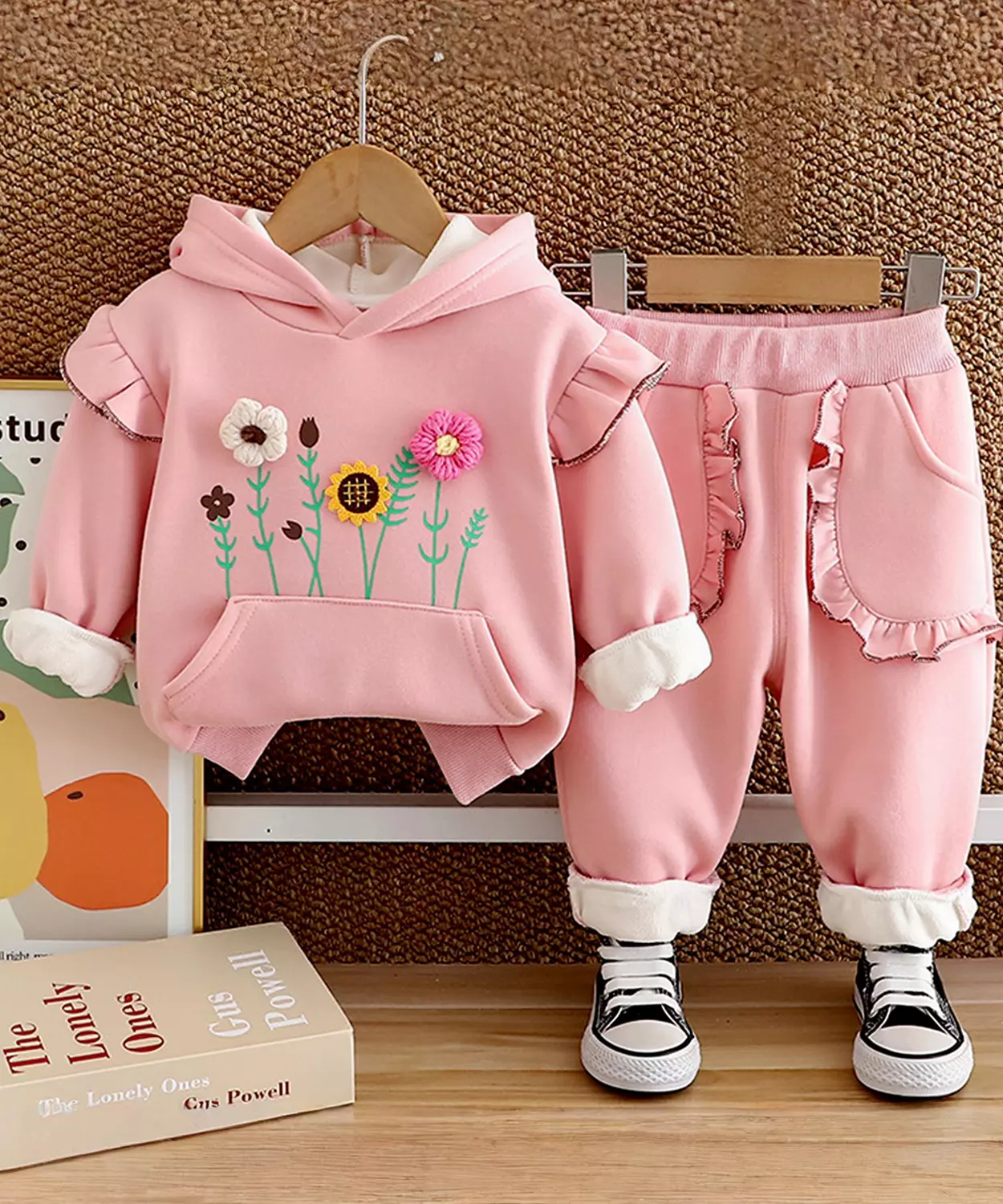 Pink Crochet Floral Frill Fleece Winter Tracksuit Set