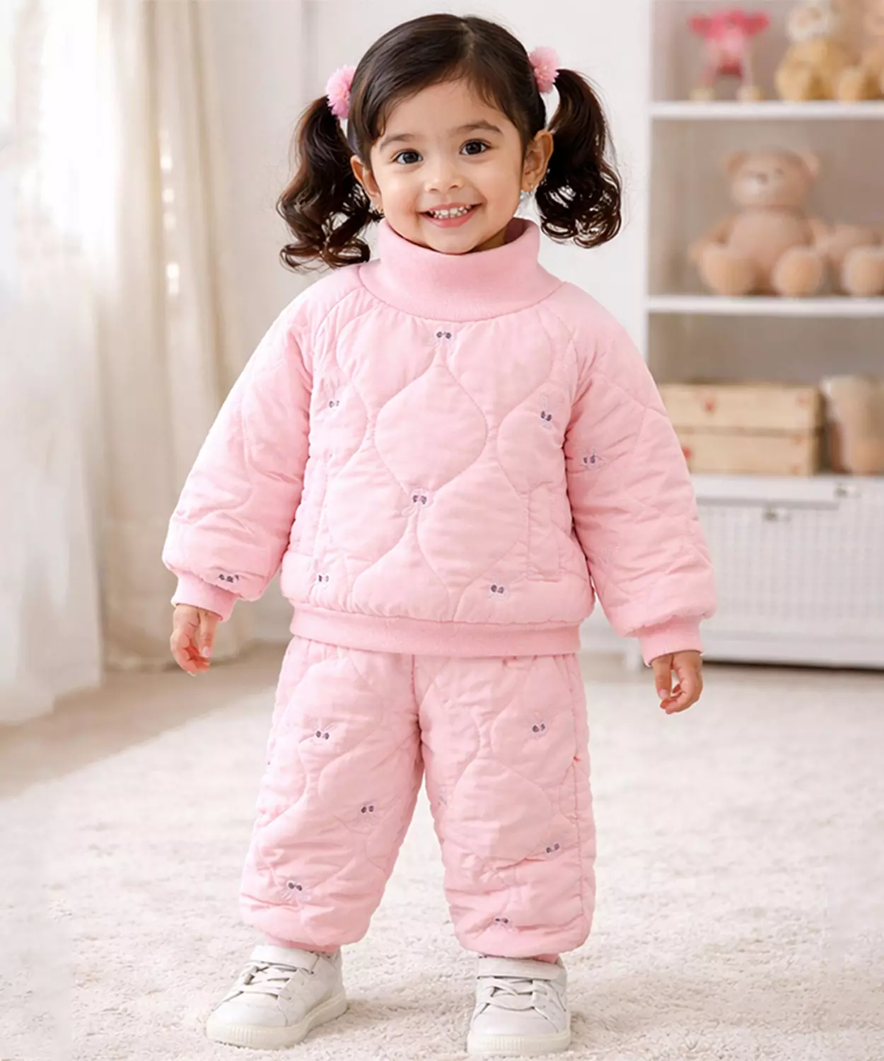 Pink Quilted High Neck Sherpa Winter 2 Pcs Set