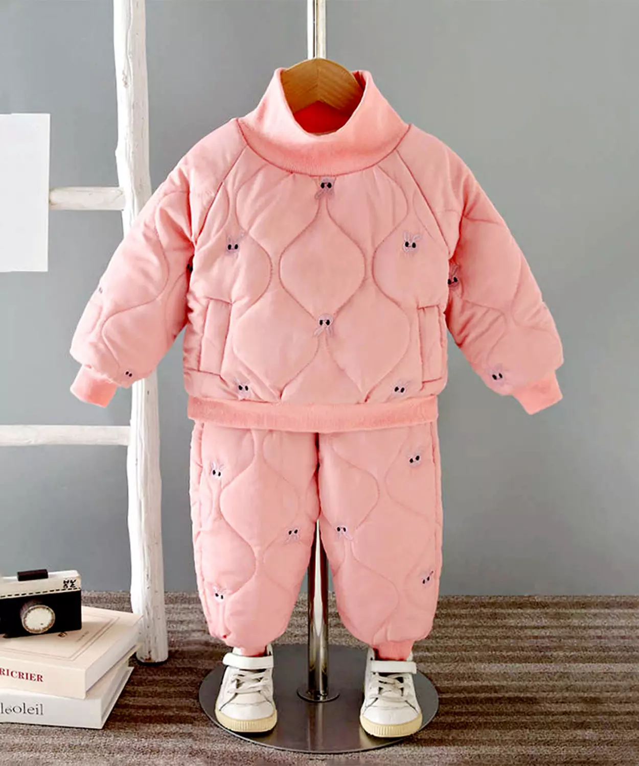 Pink Quilted High Neck Sherpa Winter 2 Pcs Set