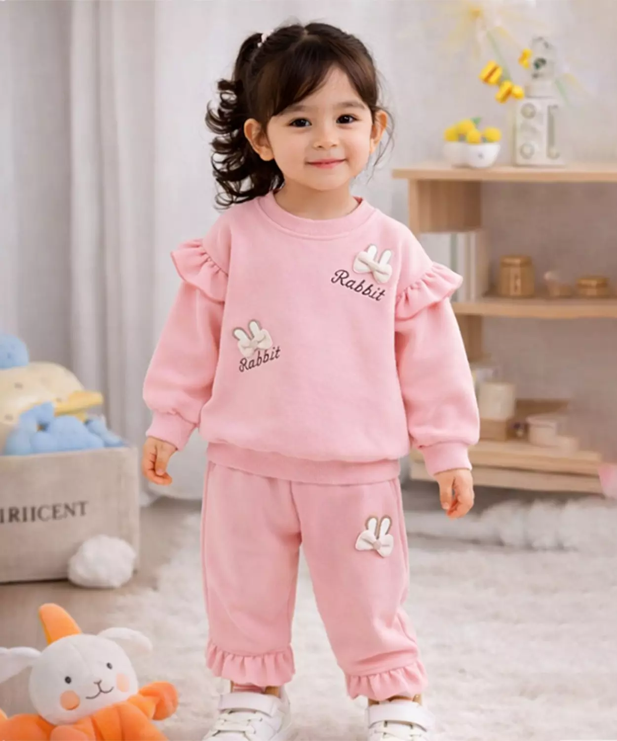 Pink Ruffle Shoulder Tracksuit Set For Girl