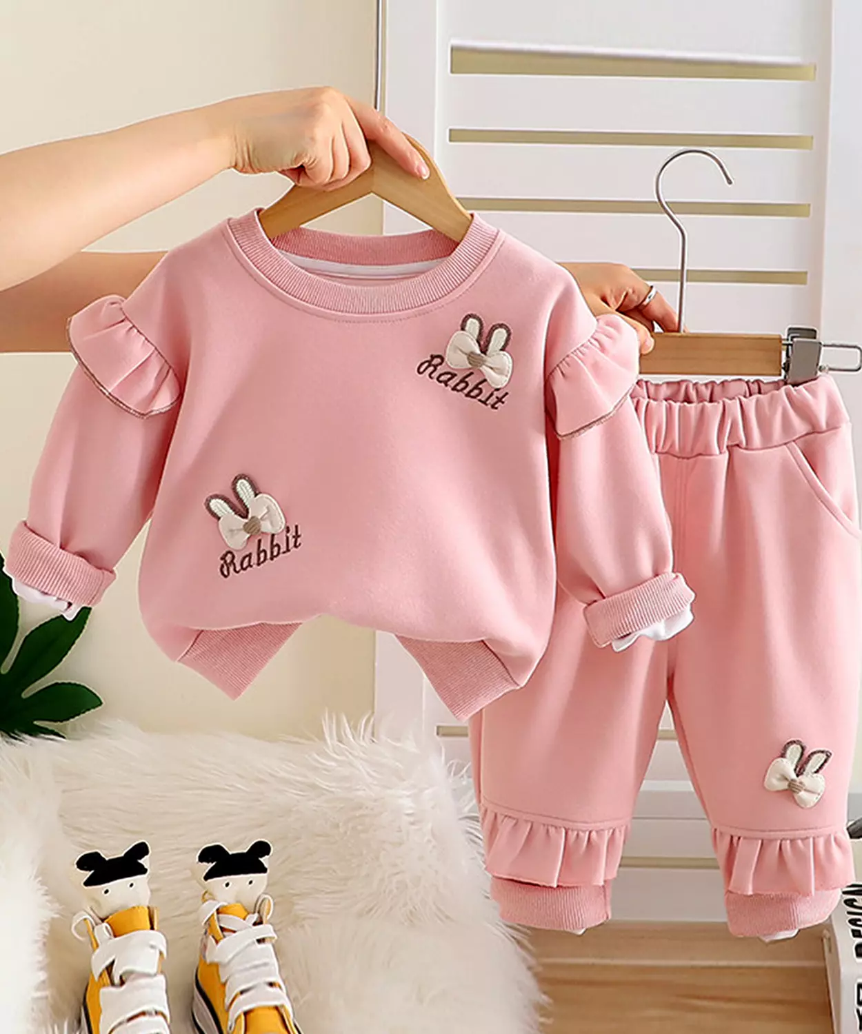 Pink Ruffle Shoulder Tracksuit Set For Girl