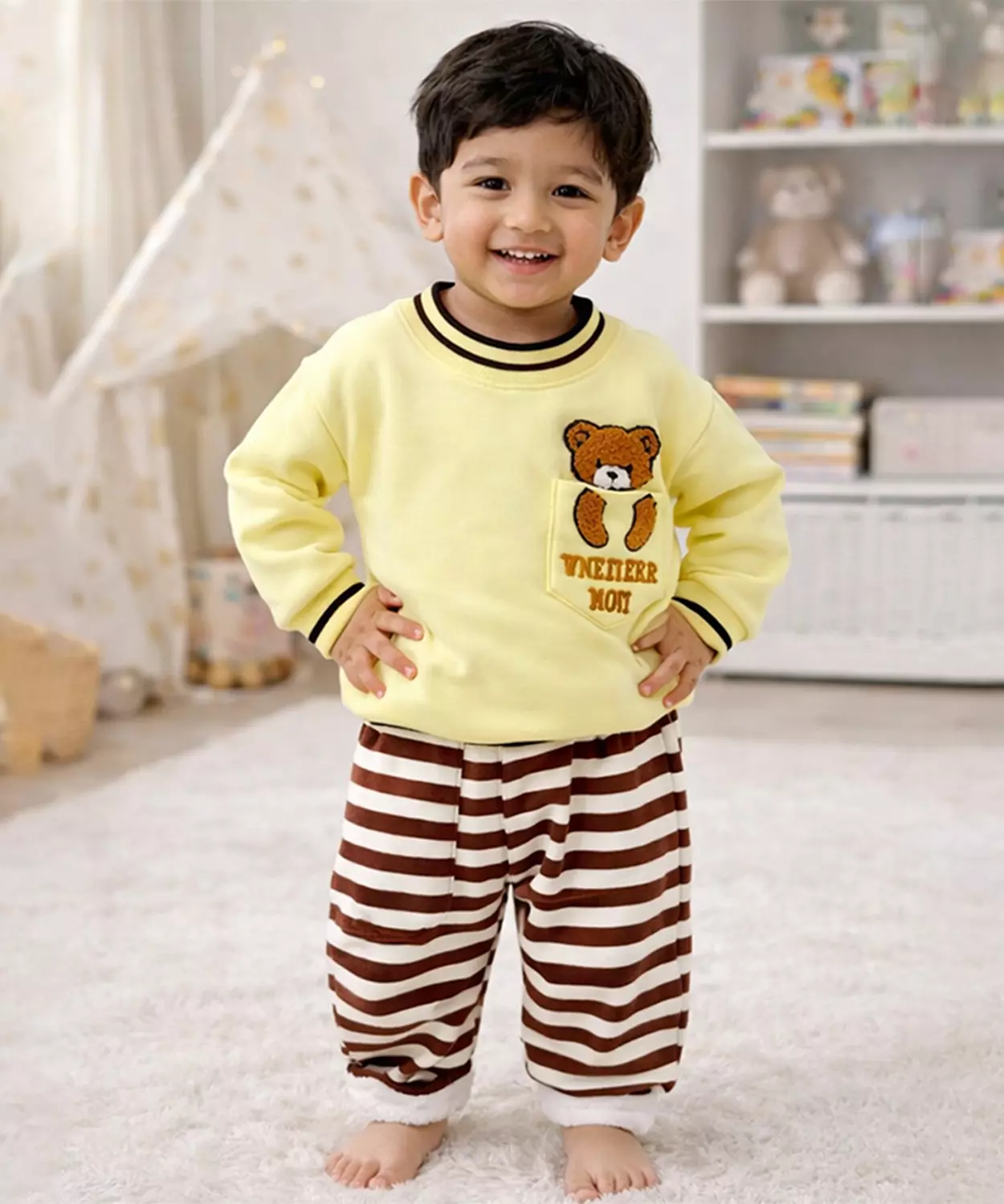Yellow & Brown Pocket Bear Fleece Winter Tracksuit Set