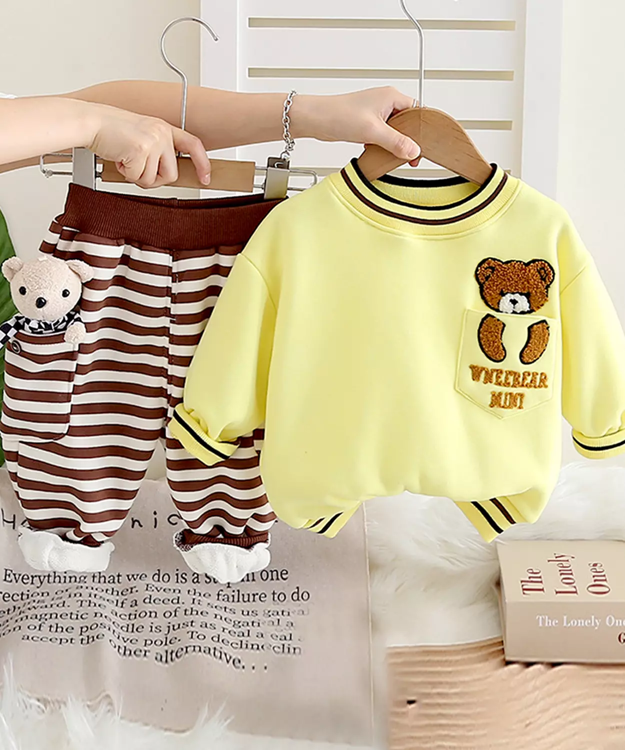 Yellow & Brown Pocket Bear Fleece Winter Tracksuit Set