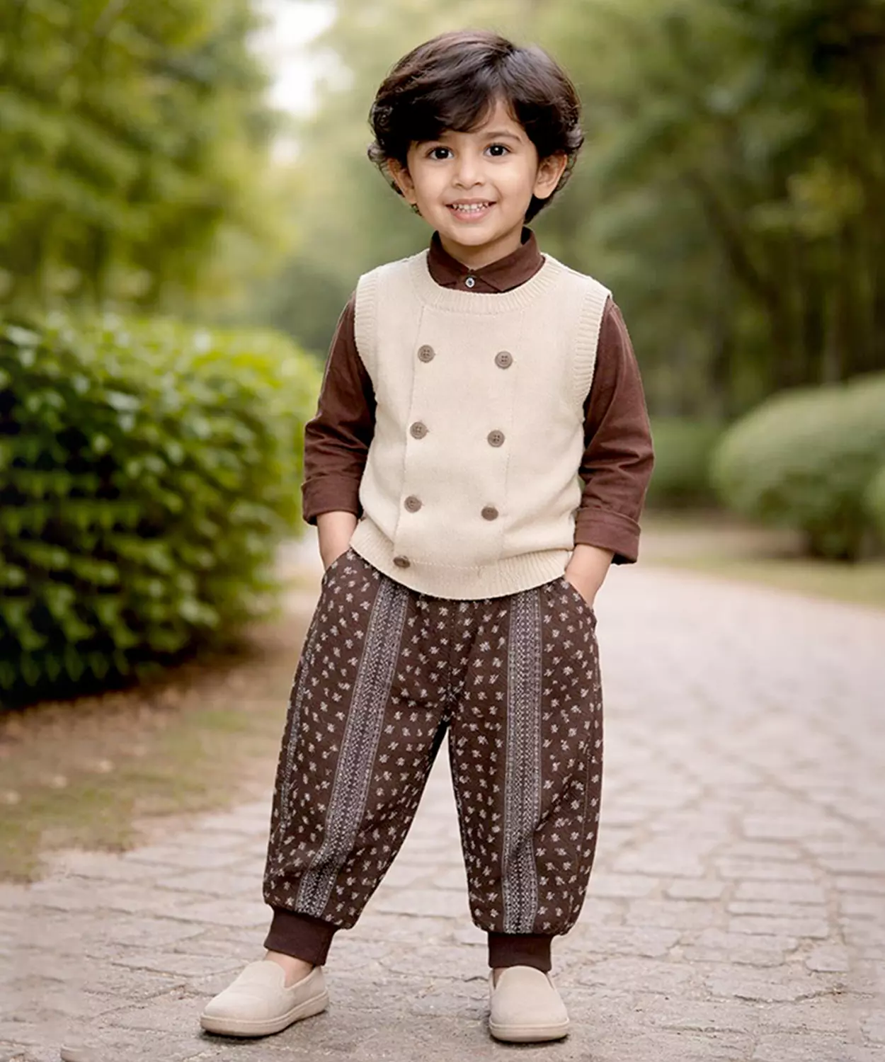 3 Pcs Set, Beige Vest With Double Button Detailing, Dark Brown Shirt & Printed Pants