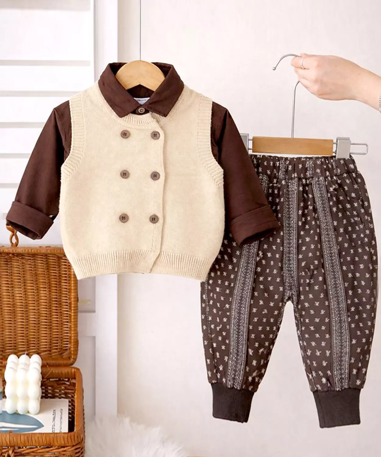 3 Pcs Set, Beige Vest With Double Button Detailing, Dark Brown Shirt & Printed Pants