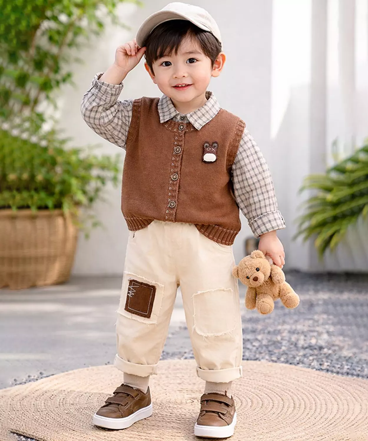 3 Pcs Set, Brown Teddy Vest, Checkered Shirt & Beige Pants