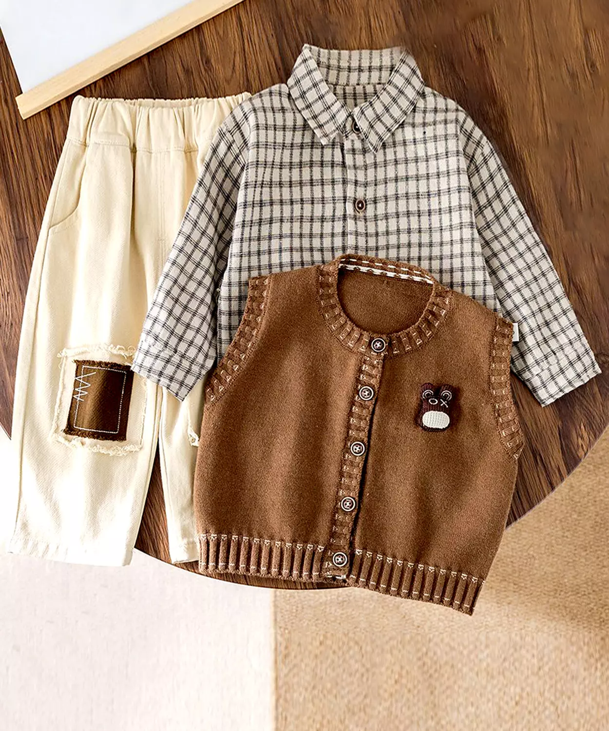 3 Pcs Set, Brown Teddy Vest, Checkered Shirt & Beige Pants