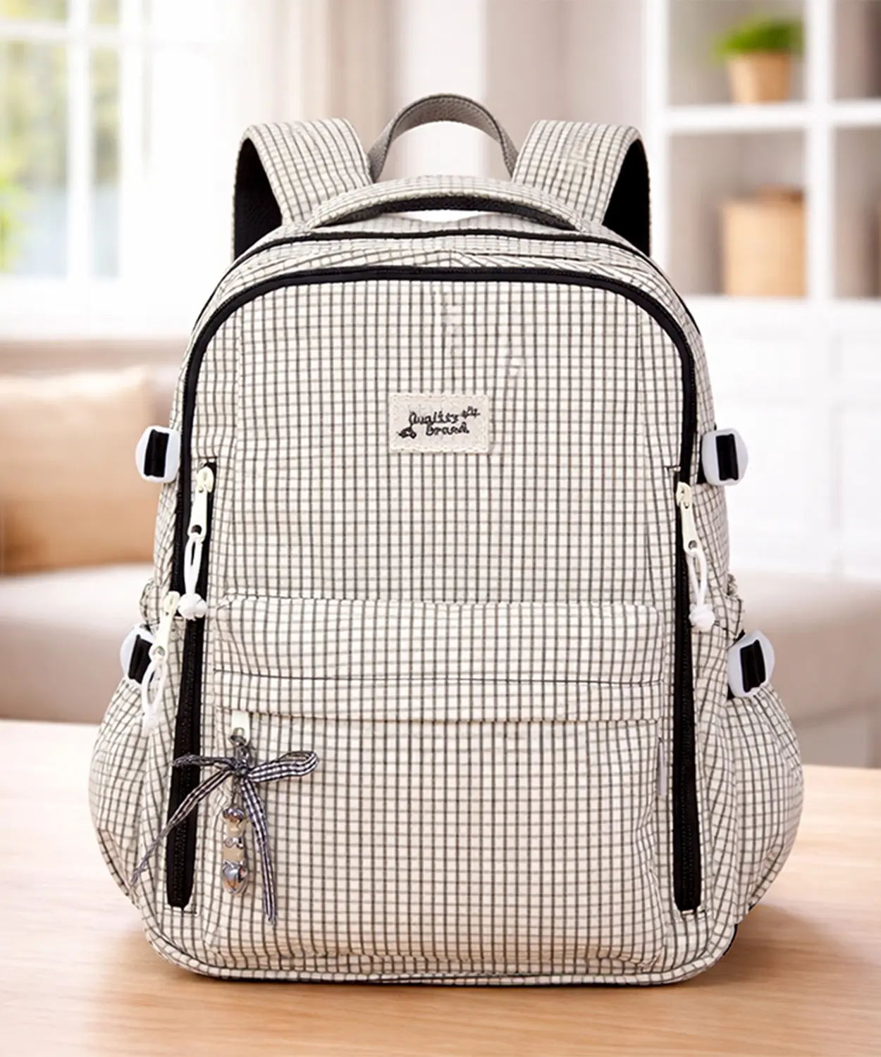 Black & Cream Checkered School Backpack With Bow & Heart Keychain