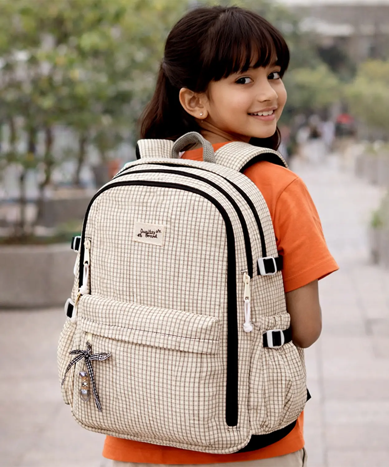 Black & Cream Checkered School Backpack With Bow & Heart Keychain