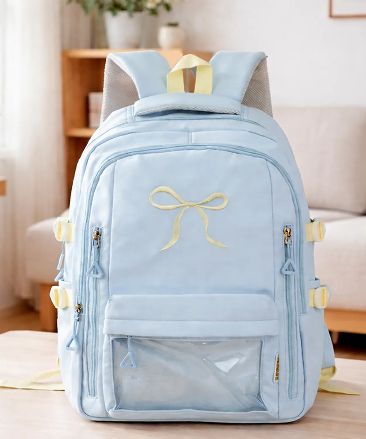 Pastel Blue Bow Multi-Pocket School Backpack