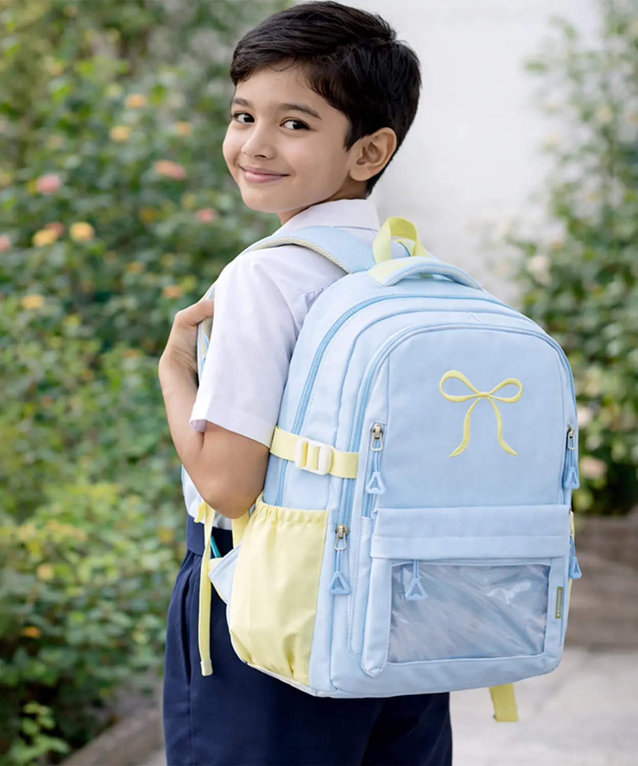 Pastel Blue Bow Multi-Pocket School Backpack
