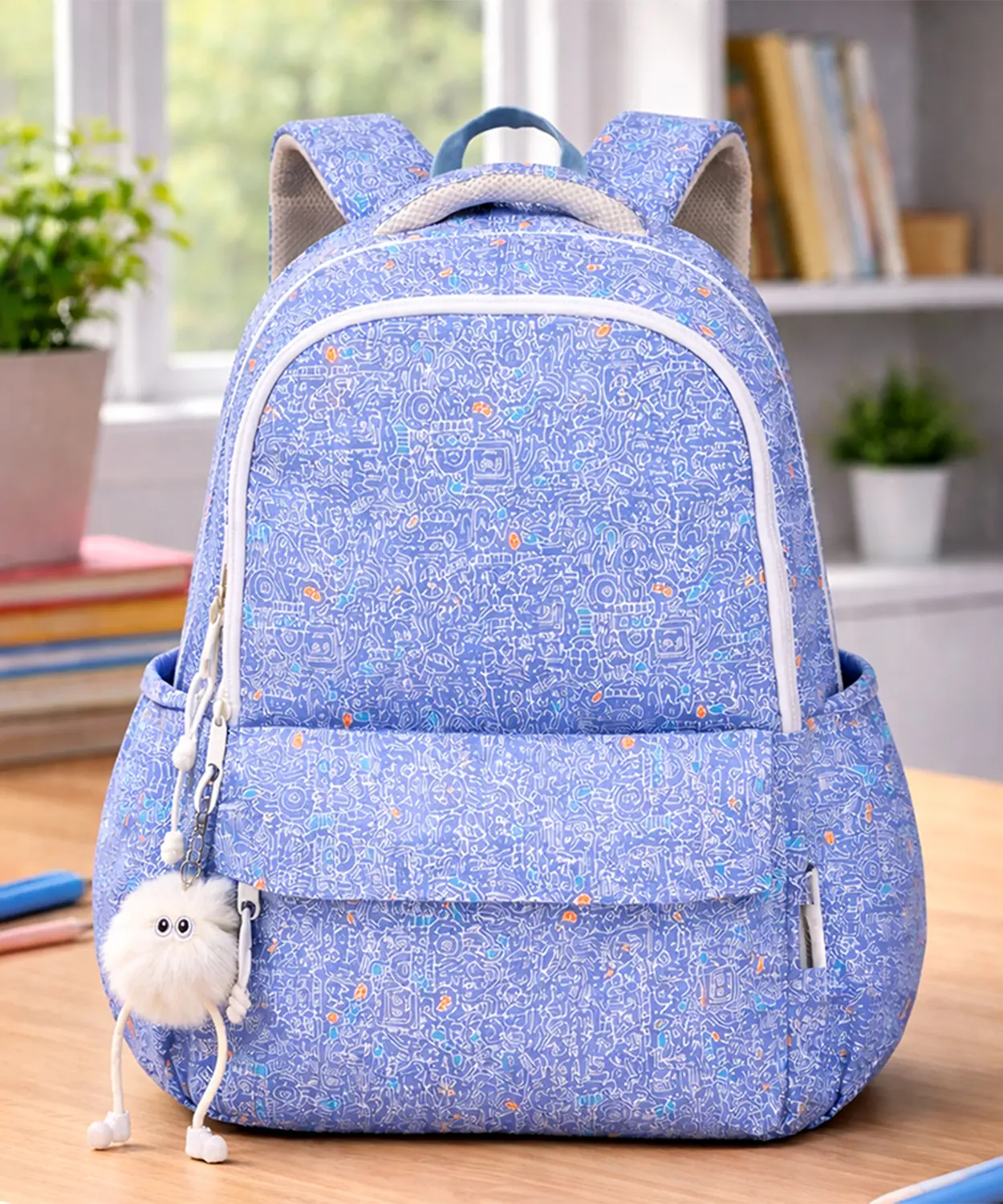 Blue Doodle Print School Backpack With Plush Pom-Pom Keychain