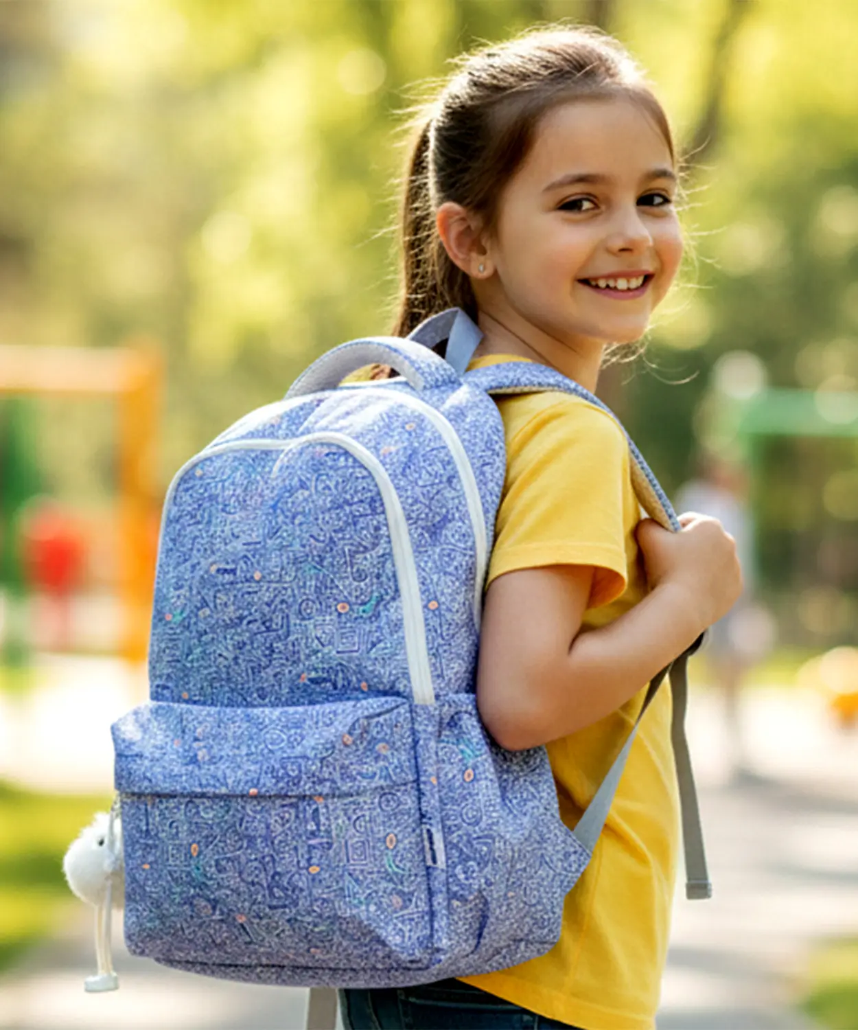 Blue Doodle Print School Backpack With Plush Pom-Pom Keychain