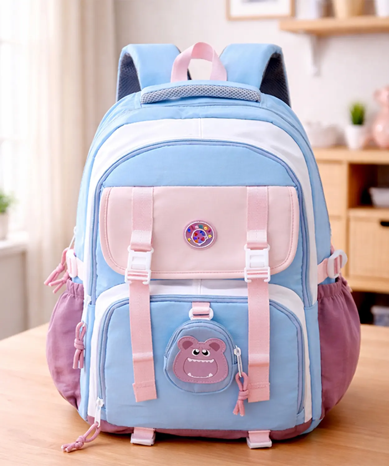 Blue, Pink & Purple Color-Block With Character Pouch School Backpack
