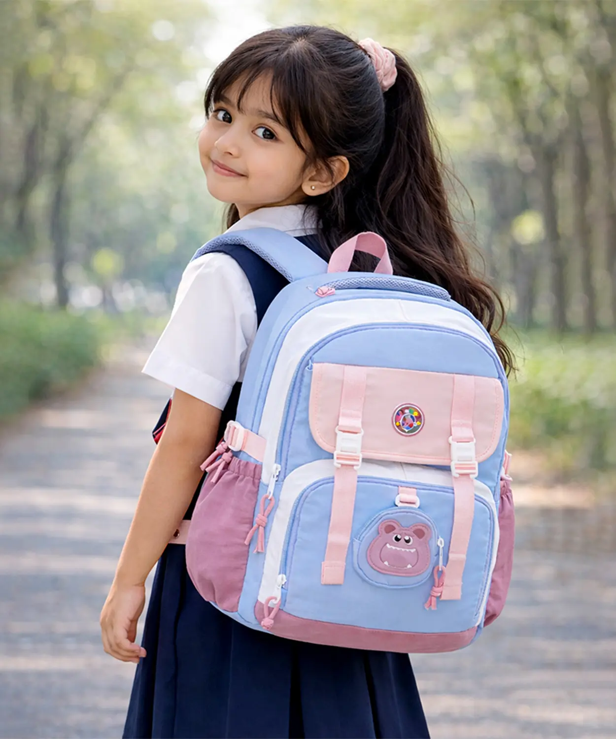 Blue, Pink & Purple Color-Block With Character Pouch School Backpack