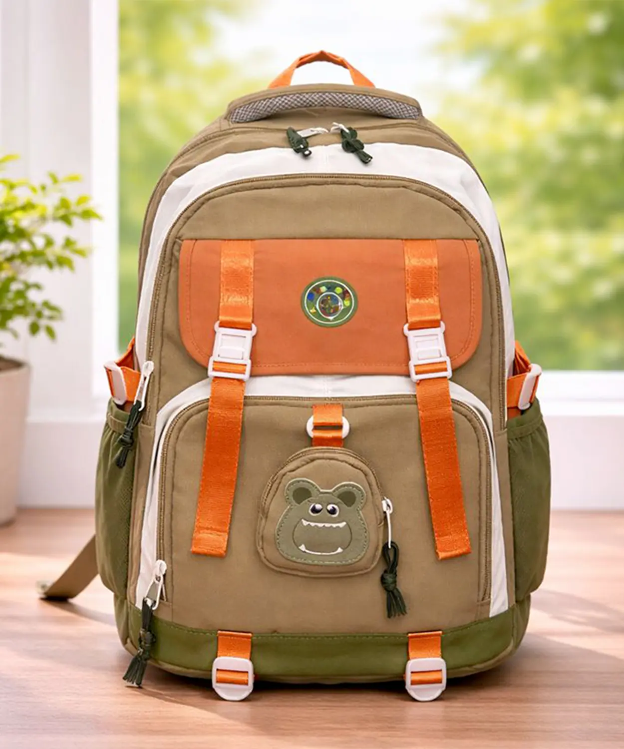 Orange, Brown & Green Color-Block With Character Pouch School Backpack