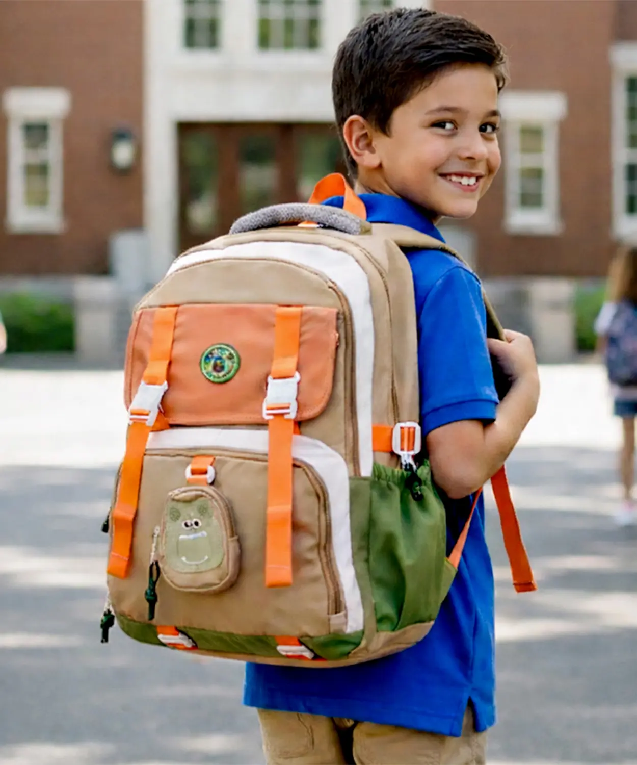 Orange, Brown & Green Color-Block With Character Pouch School Backpack