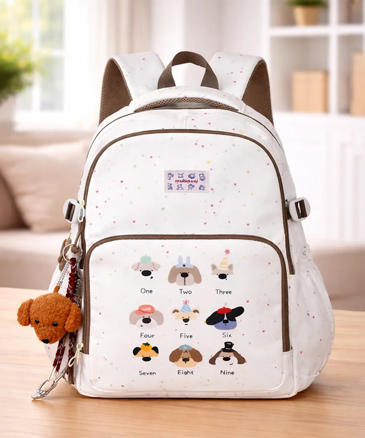 White Colorful Dots Doggy Print Backpack With Detachable Plush Dog Keychain