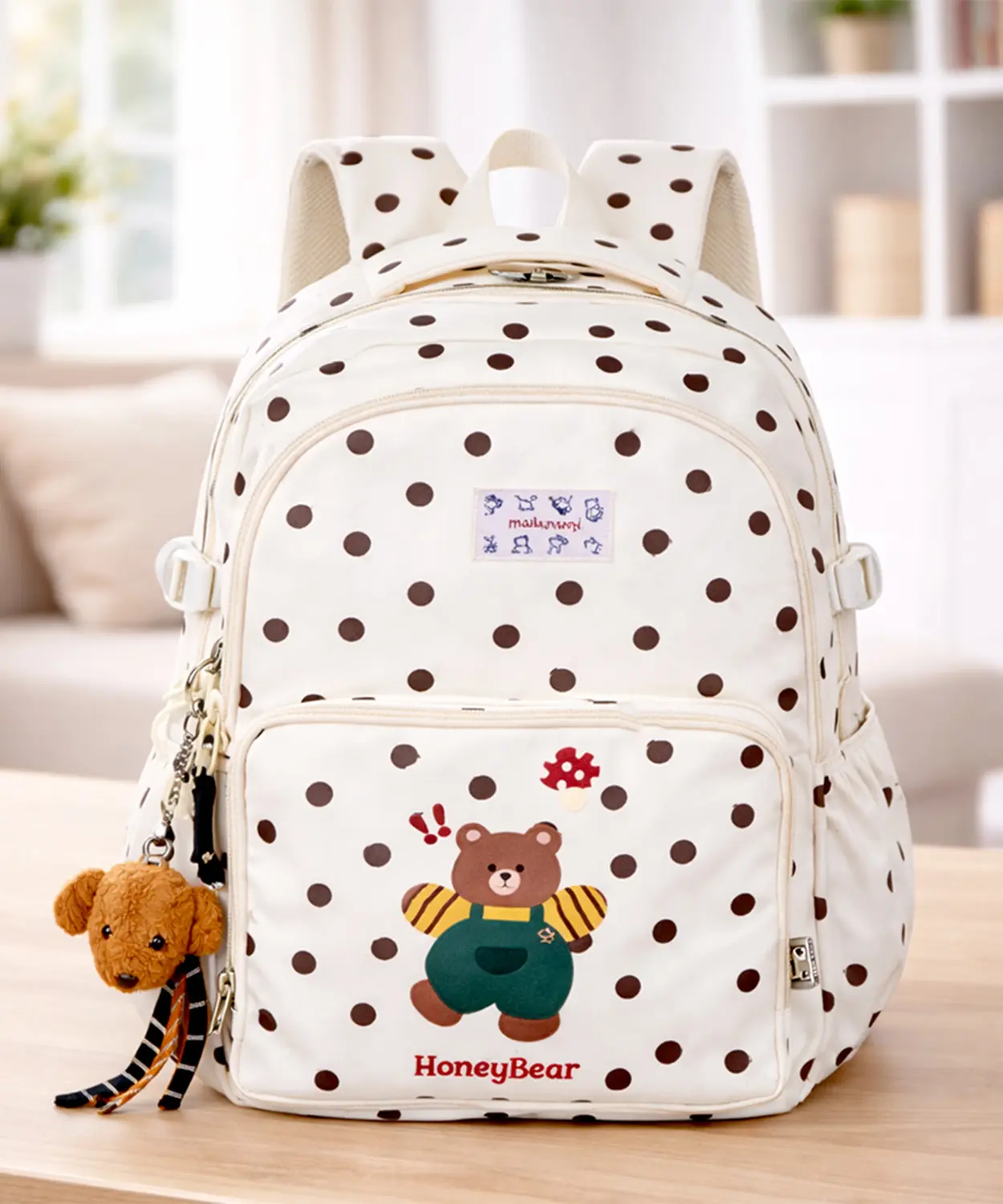 Cream Polka Dot Honey Bear Print School Backpack With Detachable Plush Dog Keychain
