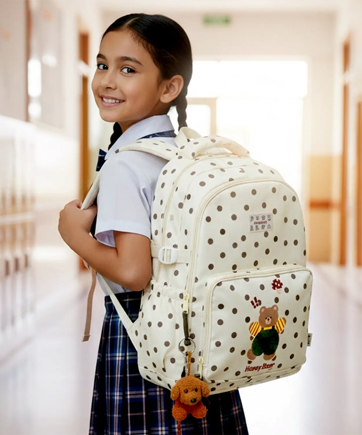 Cream Polka Dot Honey Bear Print School Backpack With Detachable Plush Dog Keychain