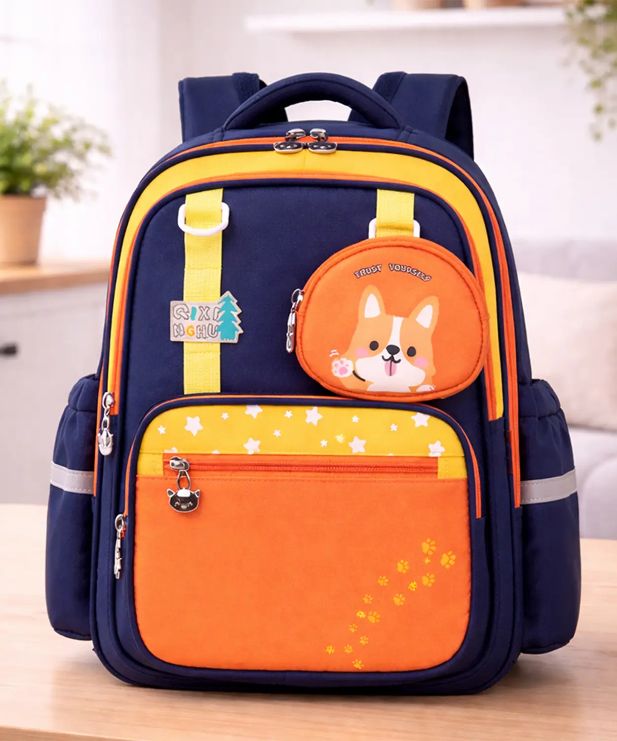Navy Blue & Orange Fox School Backpack With Detachable Pouch For Kids