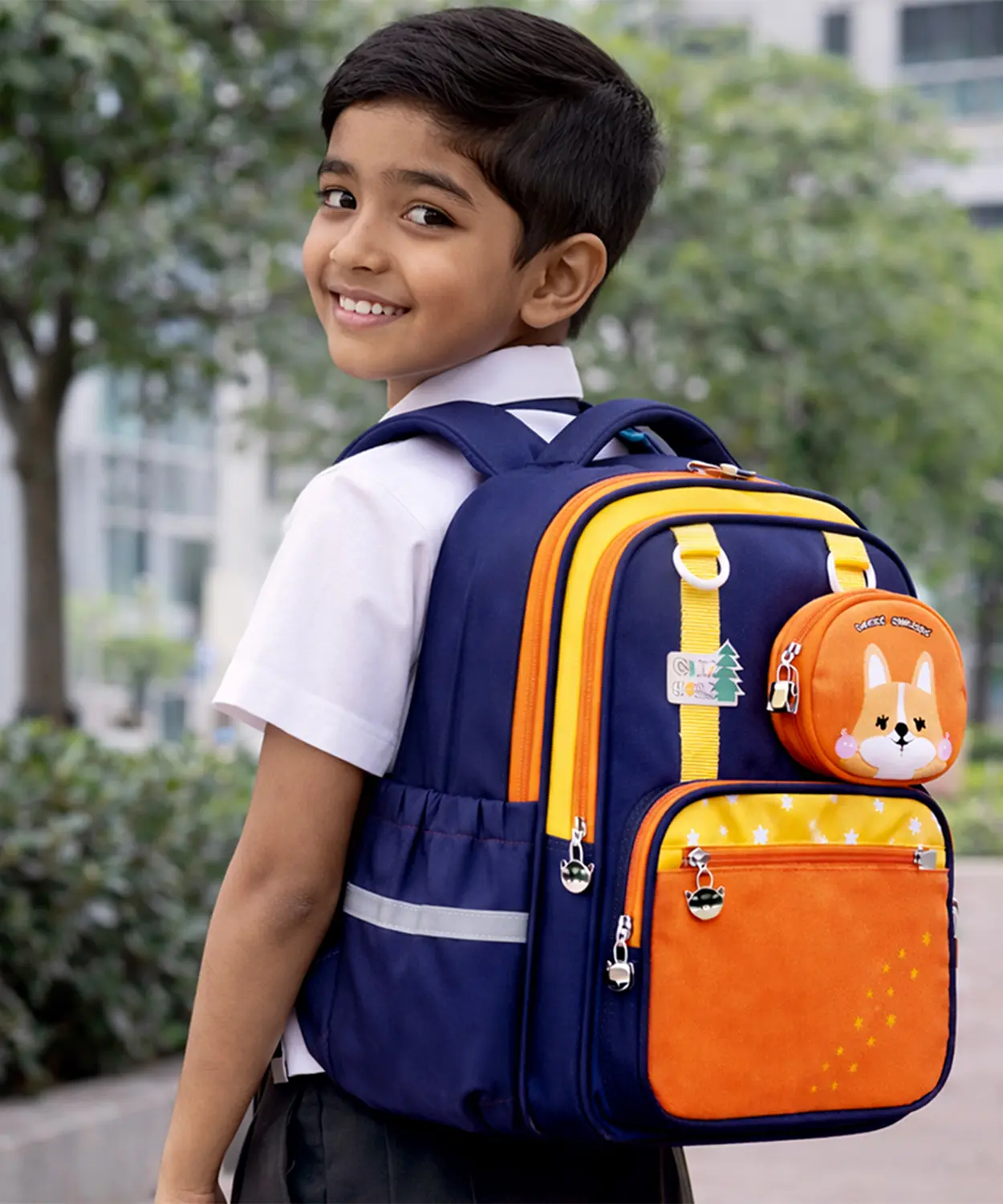 Navy Blue & Orange Fox School Backpack With Detachable Pouch For Kids