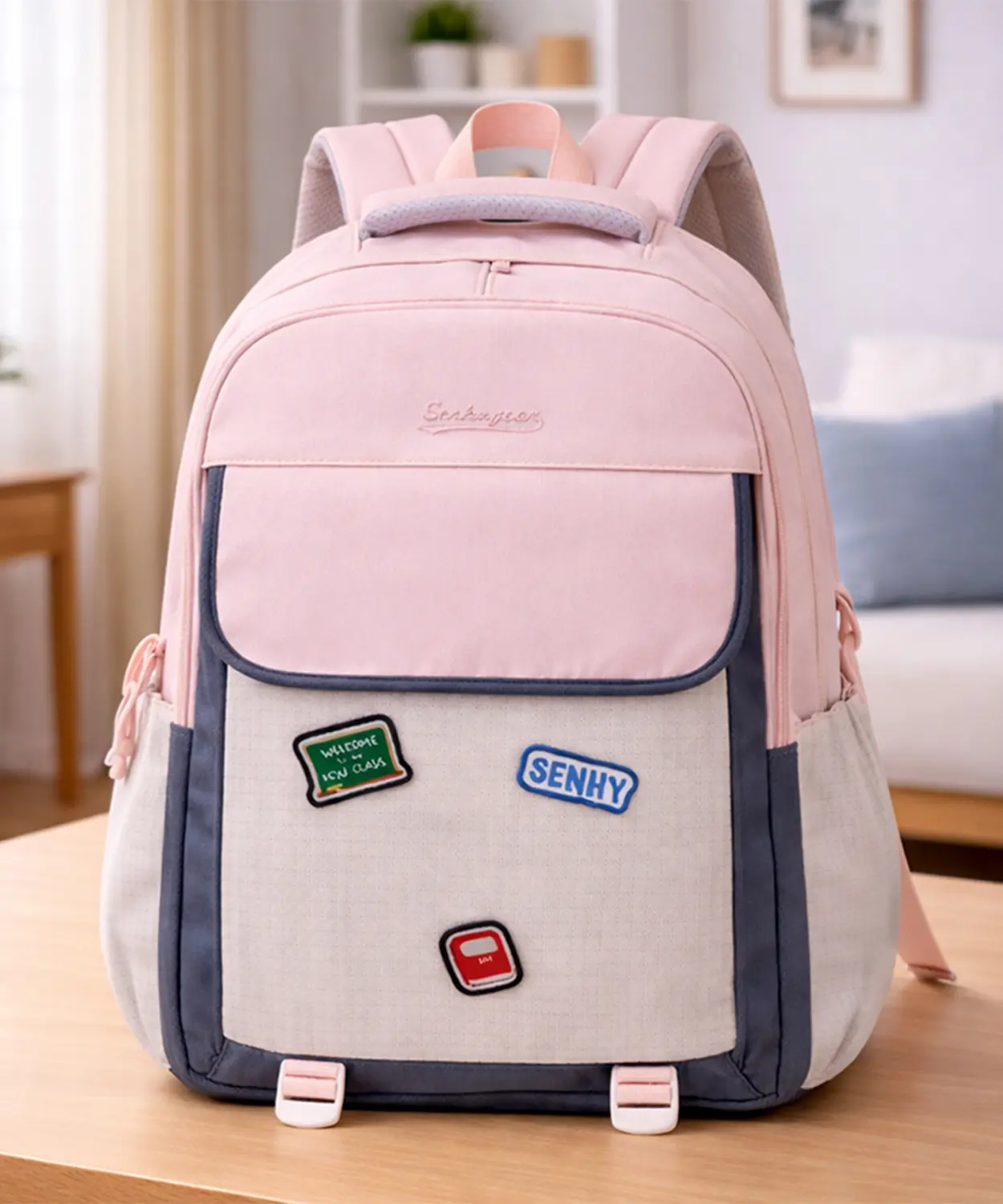Pink & Grey Badge Styled School Backpack