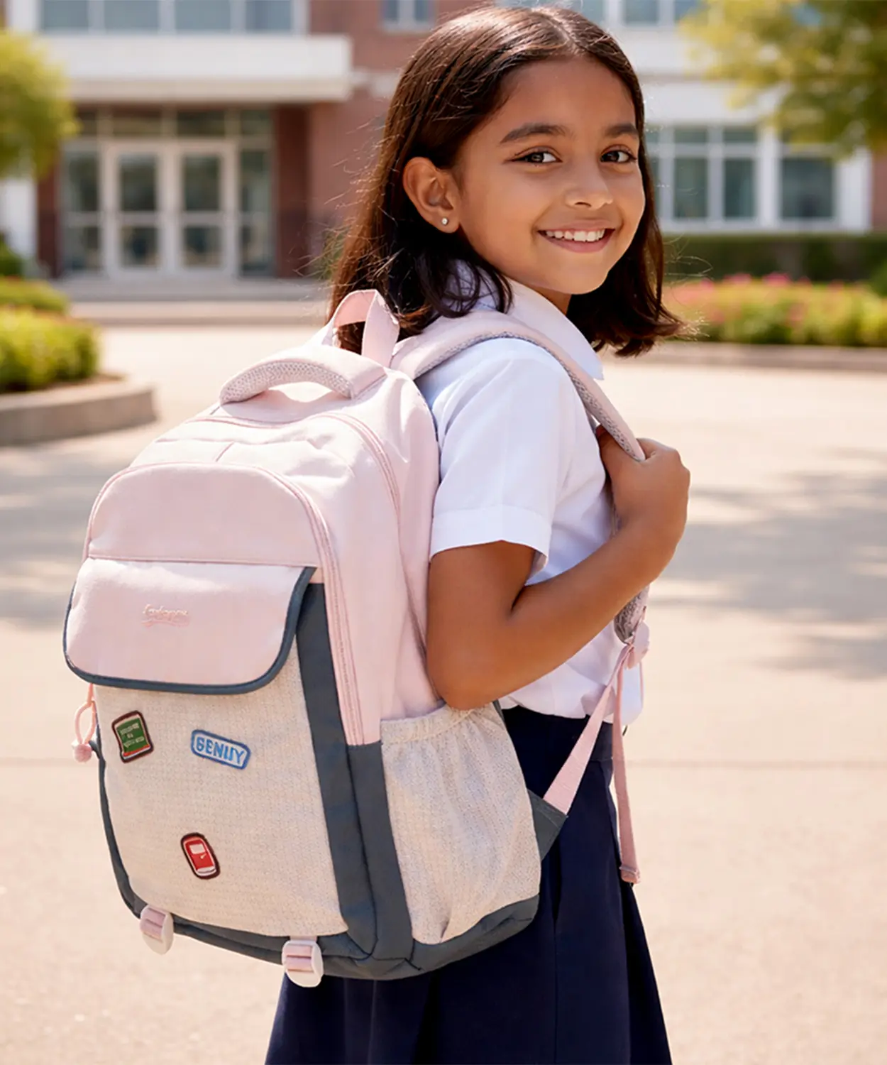 Pink & Grey Badge Styled School Backpack