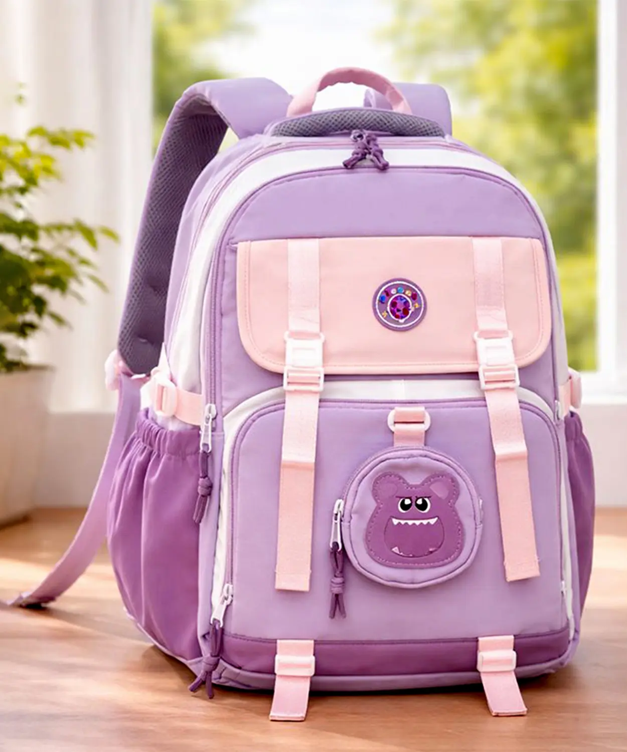 Pastel Purple & Pink Color-Block With Character Pouch School Backpack