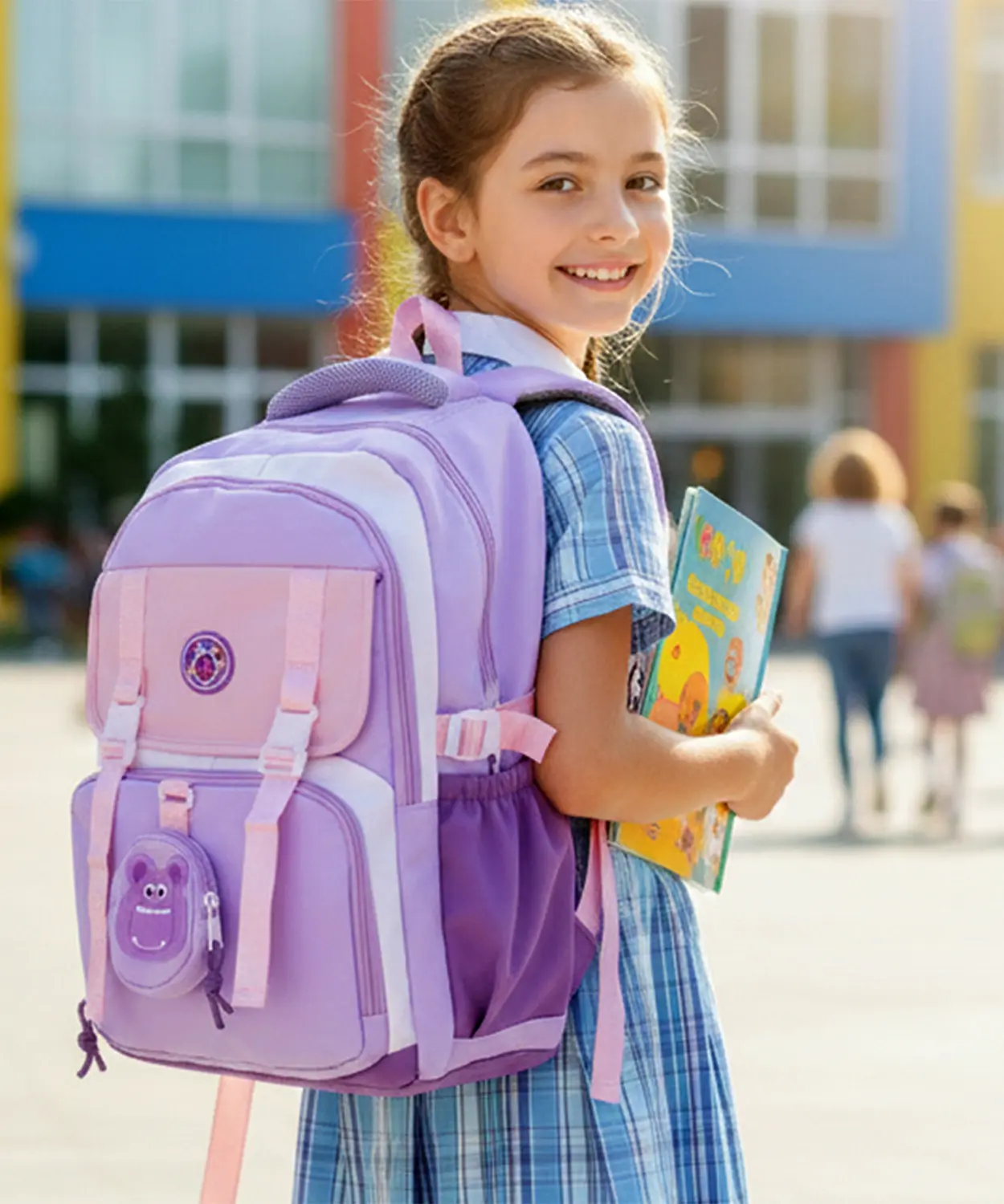 Pastel Purple & Pink Color-Block With Character Pouch School Backpack