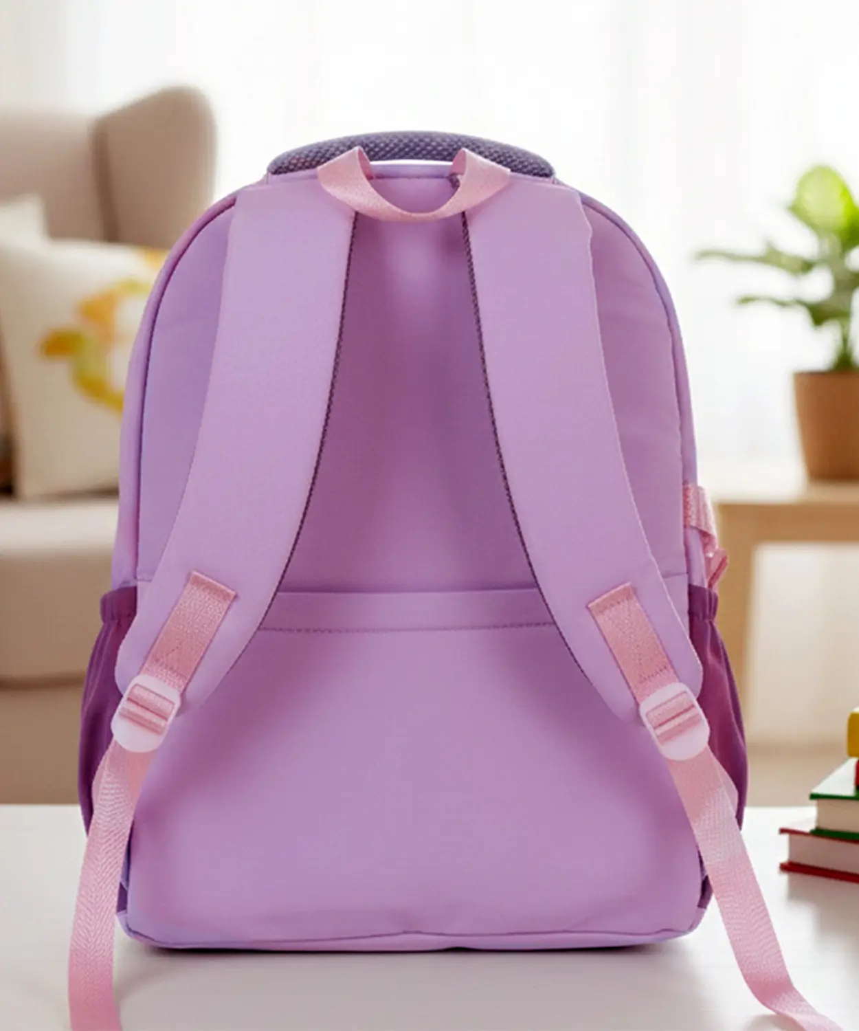 Pastel Purple & Pink Color-Block With Character Pouch School Backpack