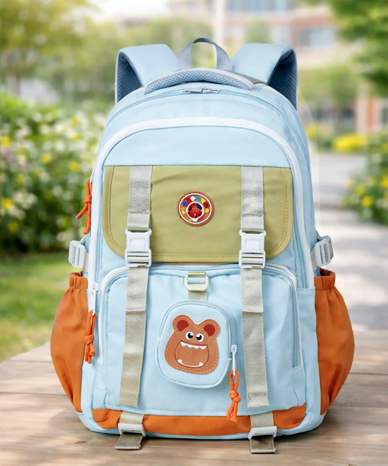 Teal, Orange & Brown Color-Block With Character Pouch School Backpack