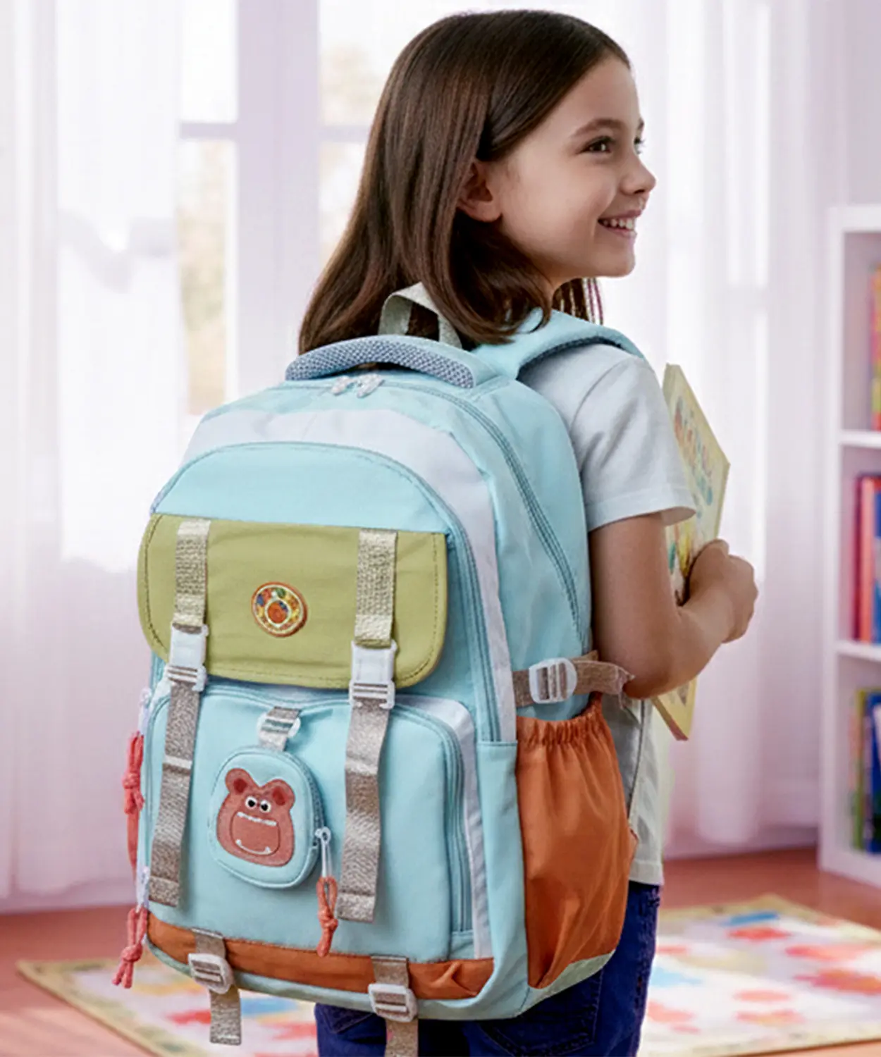 Teal, Orange & Brown Color-Block With Character Pouch School Backpack