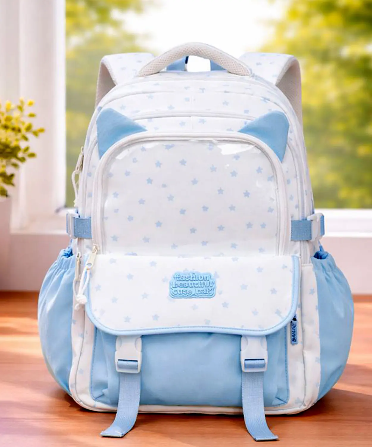 White & Blue Star Print, Ear Detailed School Backpack