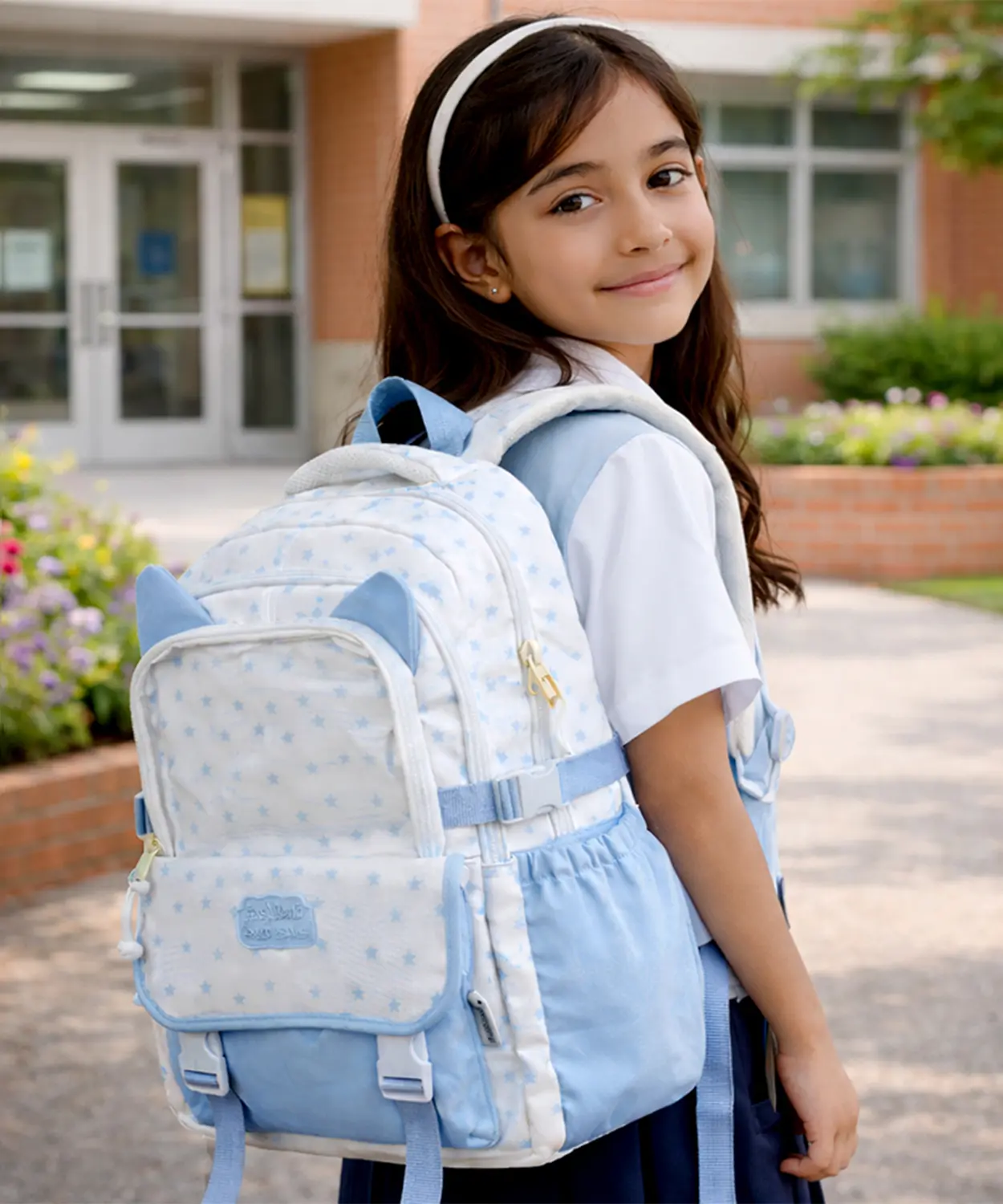 White & Blue Star Print, Ear Detailed School Backpack