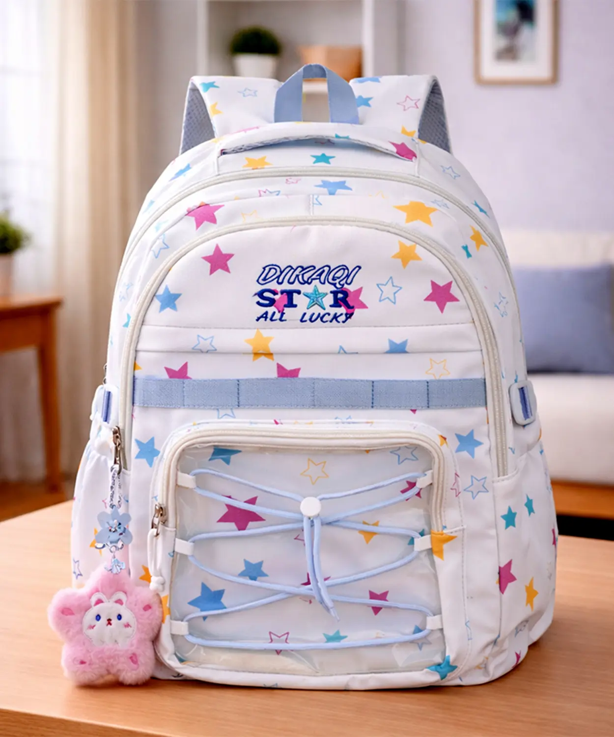 White Multicolor Star Print With Front Bungee Pocket School Backpack With Detachable Plush Star Keychain & Star Pins