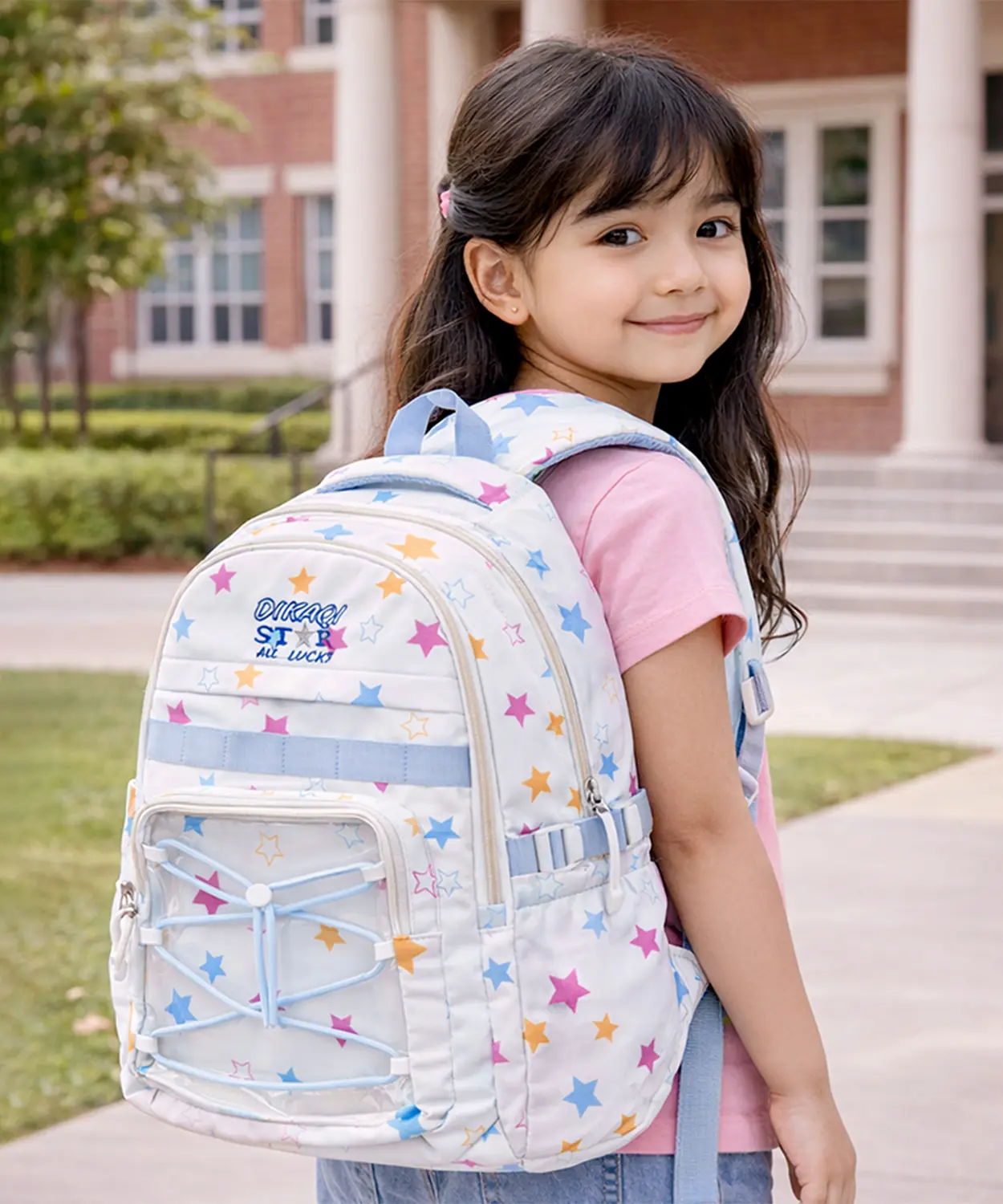 White Multicolor Star Print With Front Bungee Pocket School Backpack With Detachable Plush Star Keychain & Star Pins