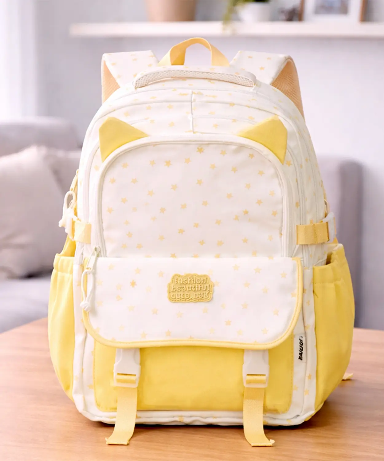 White & Pastel Yellow Star Print, Ear Detail School Backpack