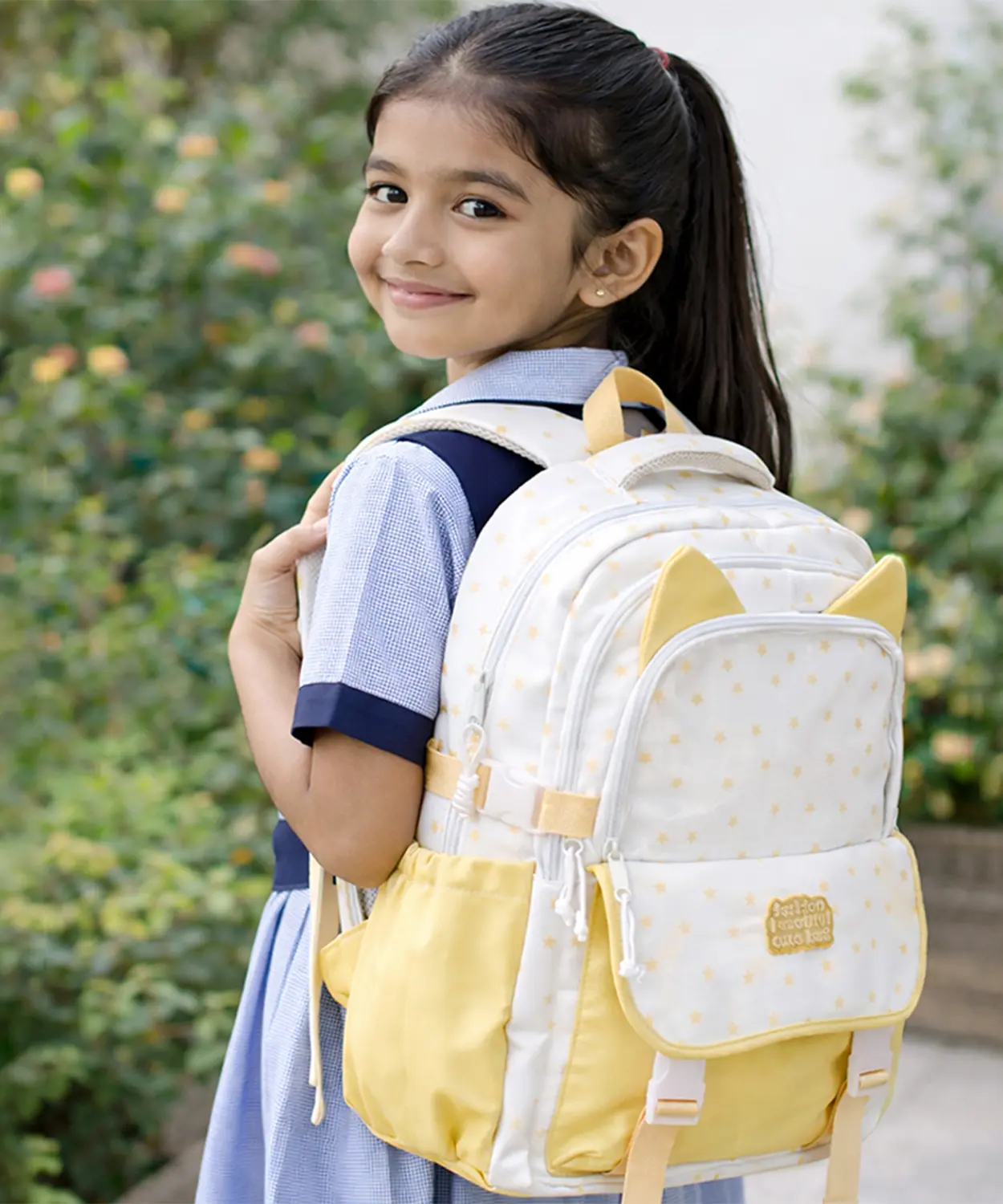 White & Pastel Yellow Star Print, Ear Detail School Backpack
