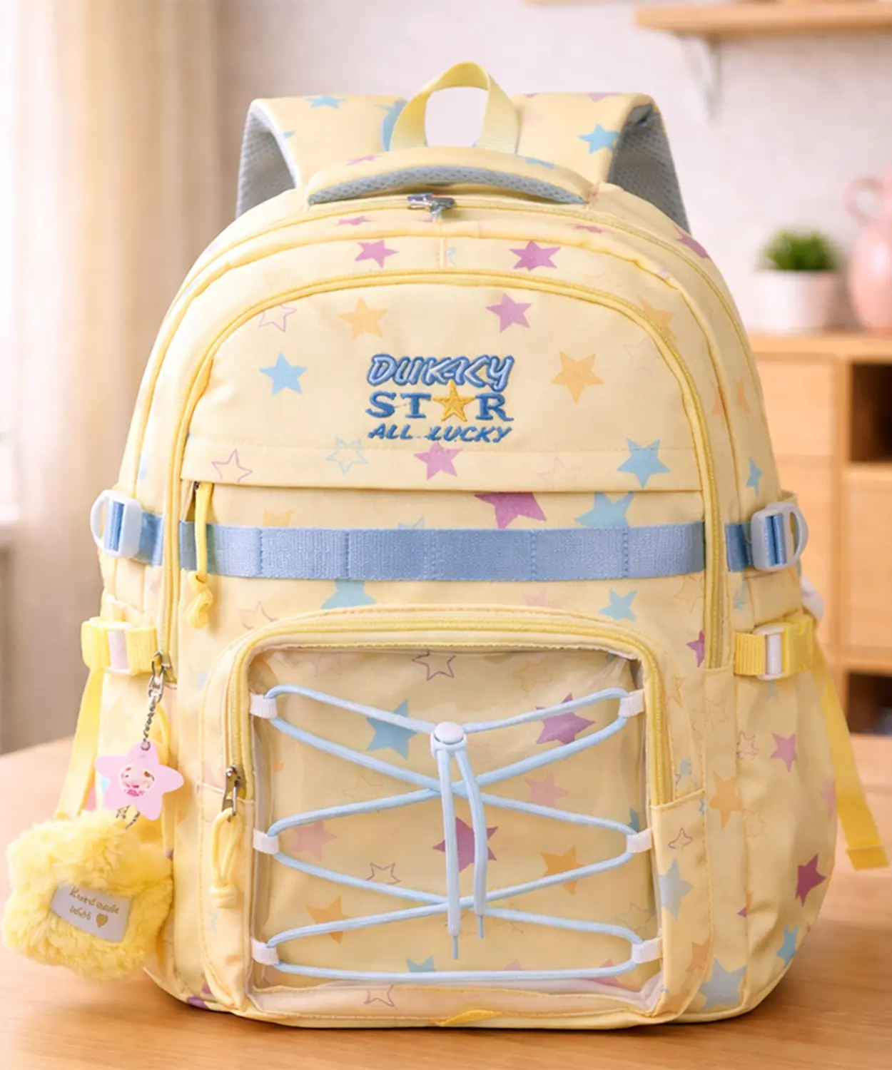 Pastel Yellow Star Print With Front Bungee Pocket School Backpack With Detachable Plush Star Keychain & Star Pins