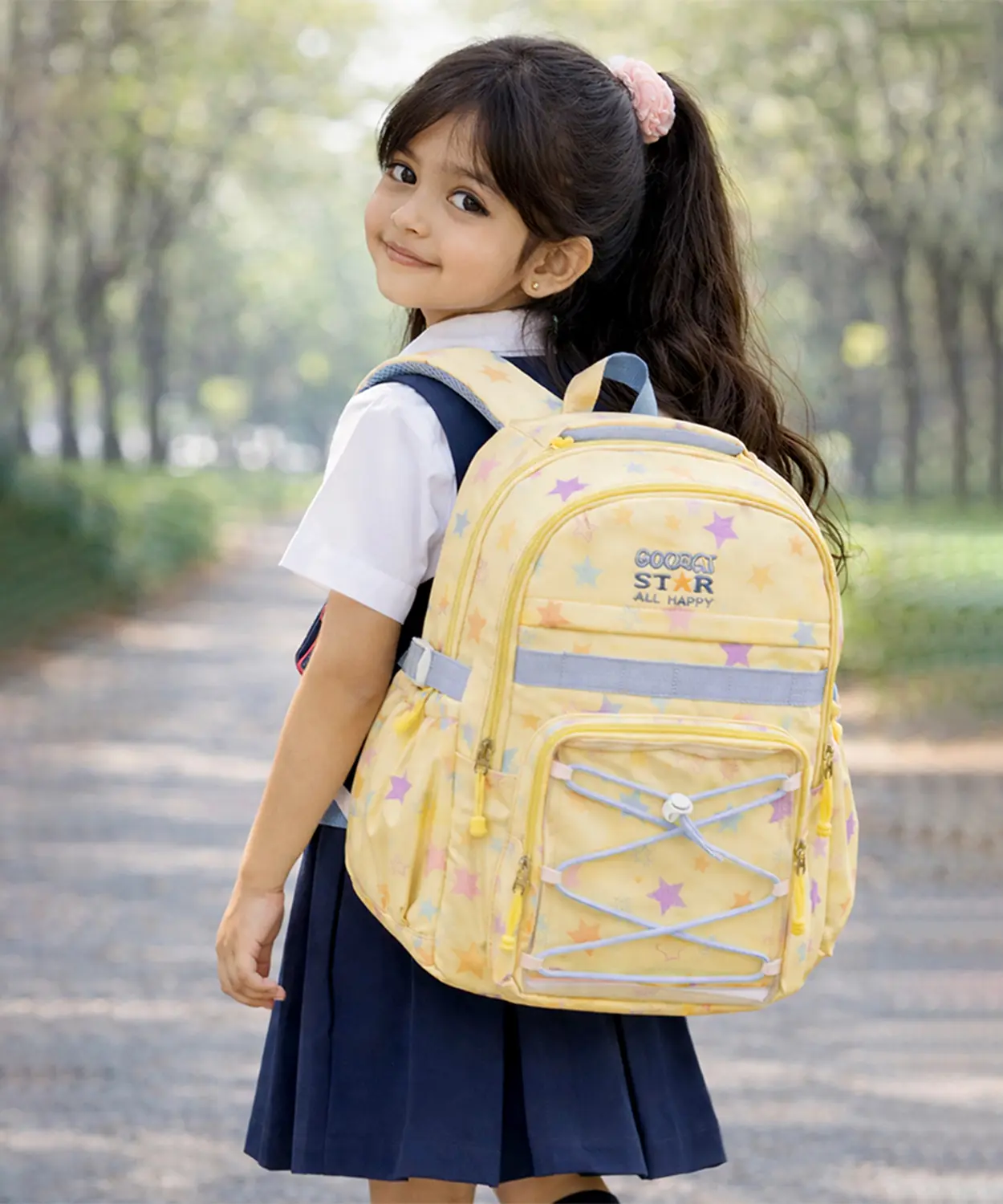 Pastel Yellow Star Print With Front Bungee Pocket School Backpack With Detachable Plush Star Keychain & Star Pins